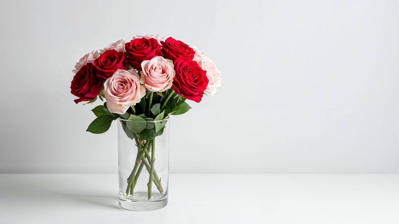 Romantic Red and Blush Rose Bouquet in Glass Vase
