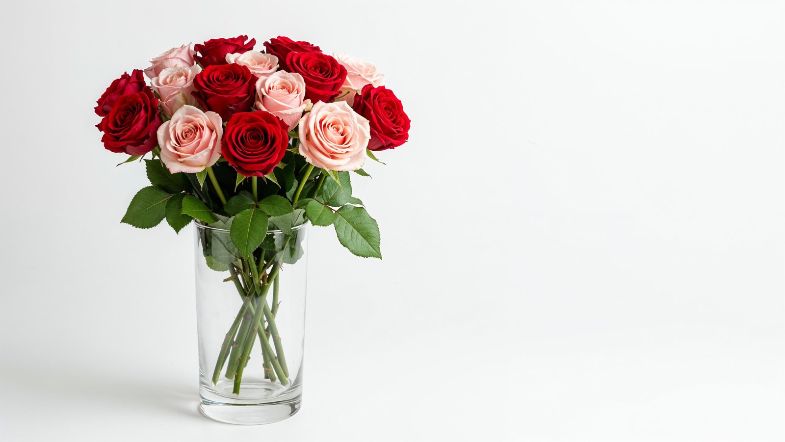 Romantic Red and Blush Rose Bouquet in Glass Vase