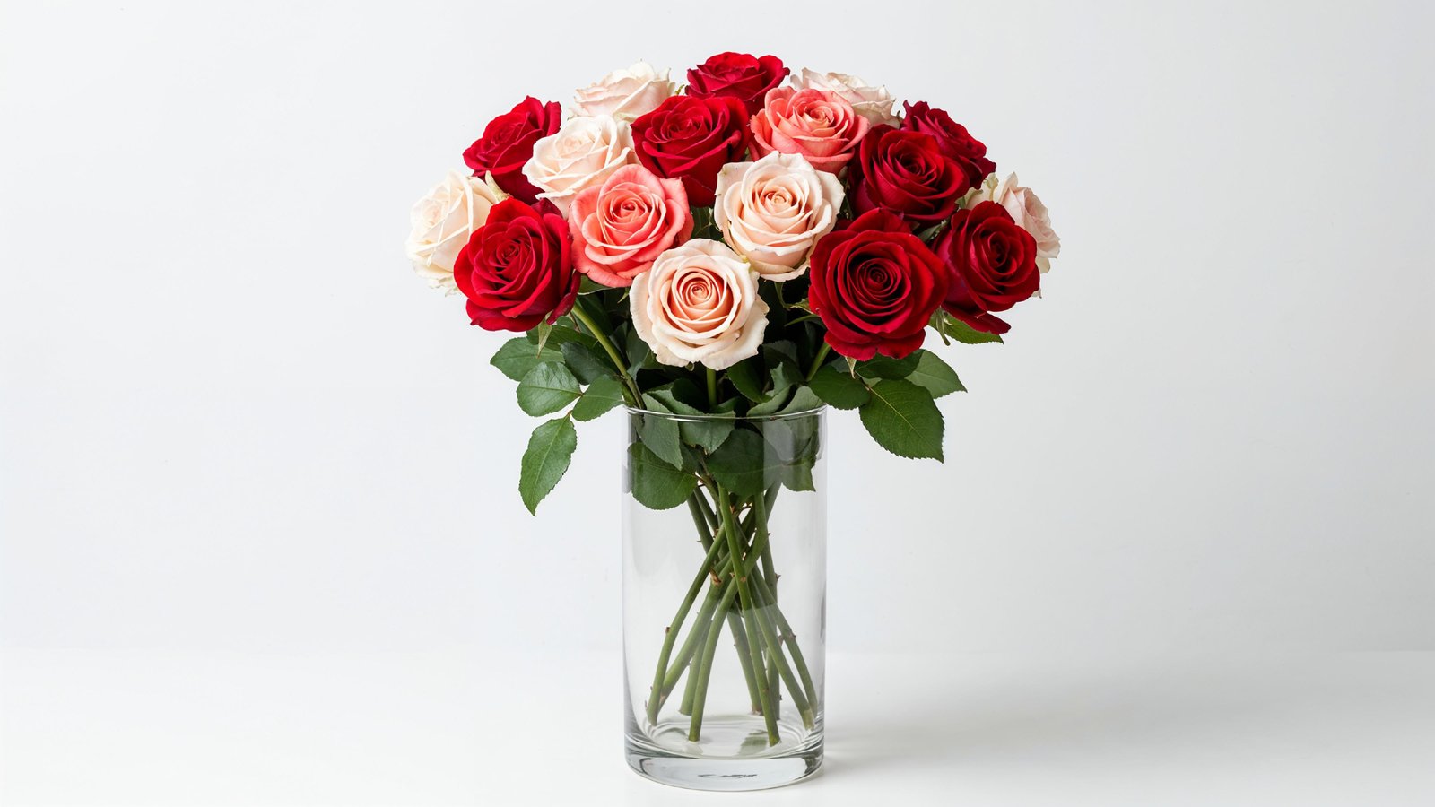 Romantic Red and Blush Rose Bouquet in Glass Vase