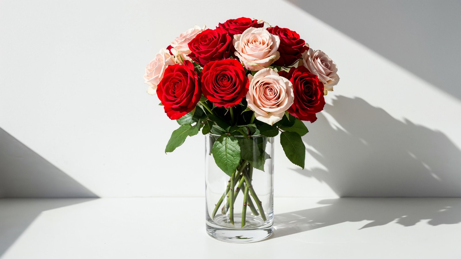 Romantic Red and Blush Rose Bouquet in Glass Vase
