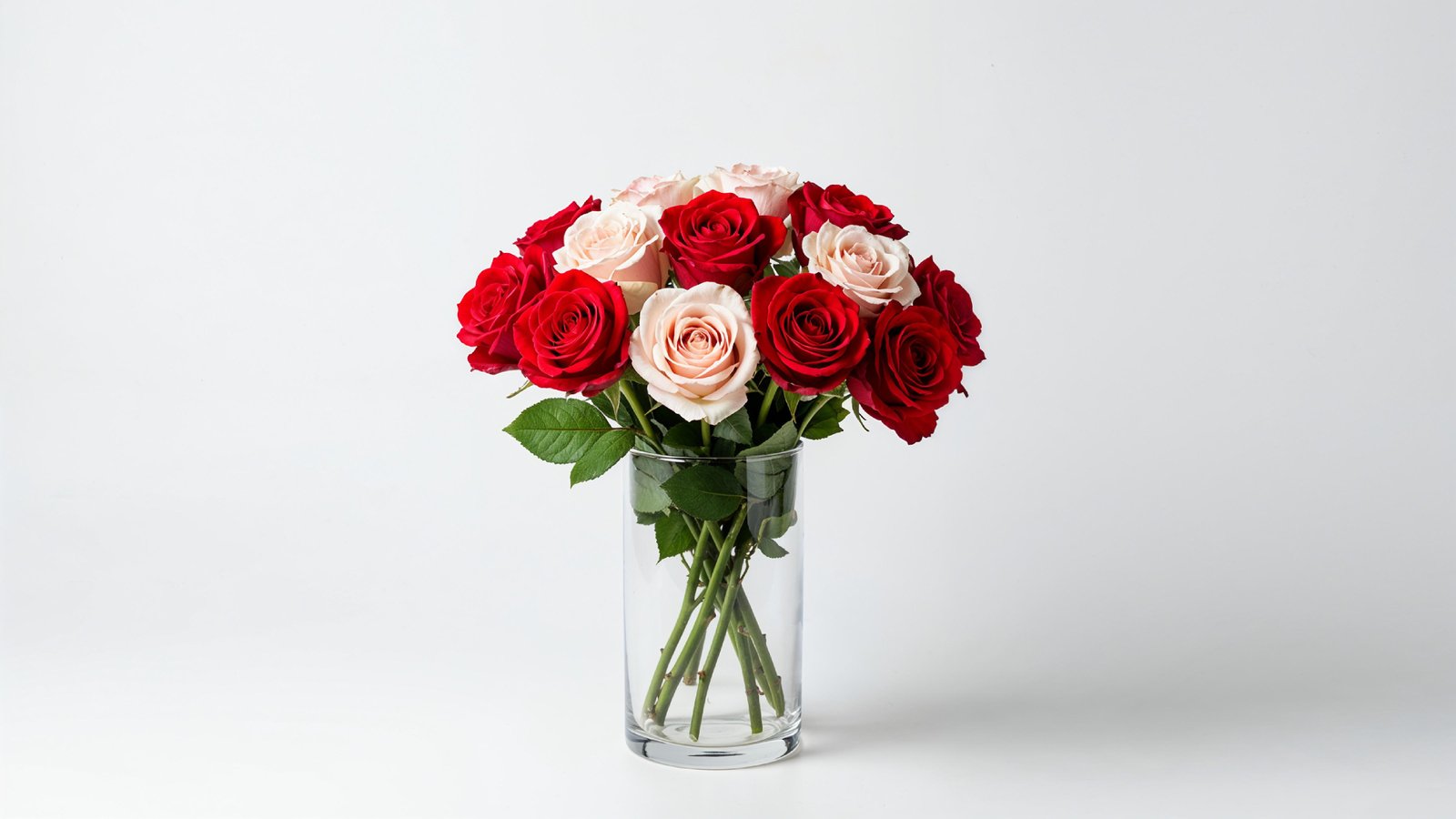 Romantic Red and Blush Rose Bouquet in Glass Vase