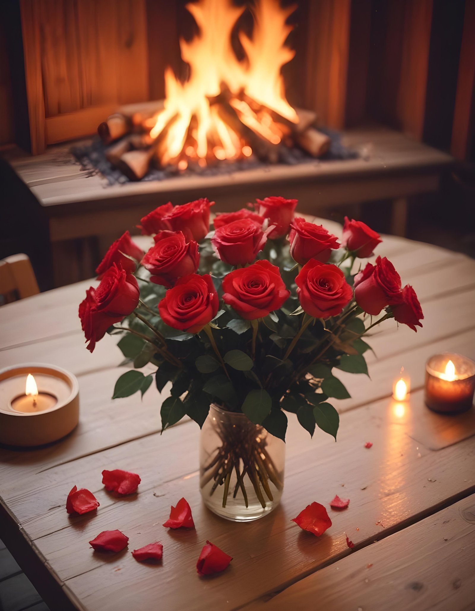 Romantic Rose Flower Bouquet with Candlelight and Cozy Love Theme Background