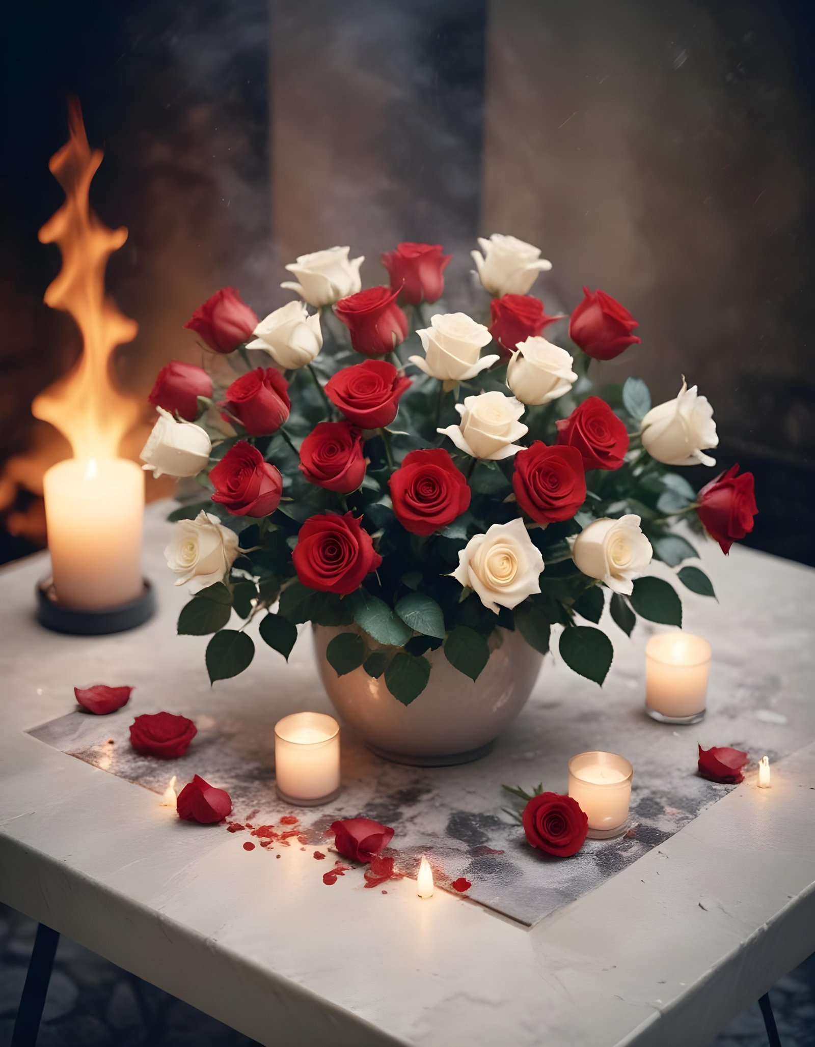 Romantic Rose Flower Bouquet with Candlelight and Cozy Love Theme Background