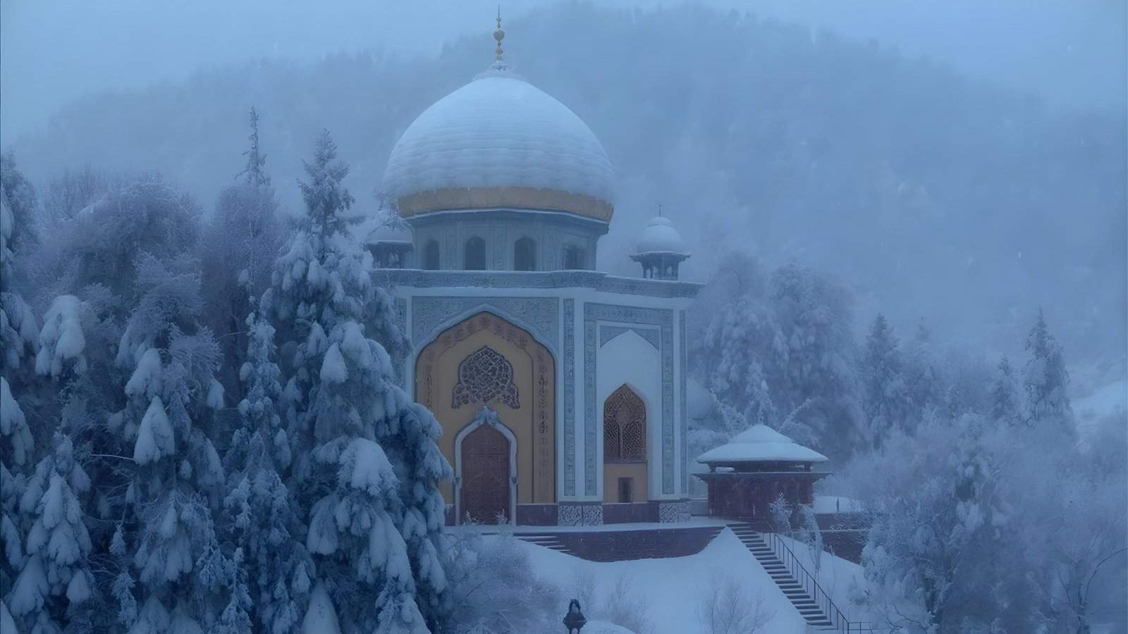 Scenic Snow Covered Mosque in Kashmir Mountains During Winter Season