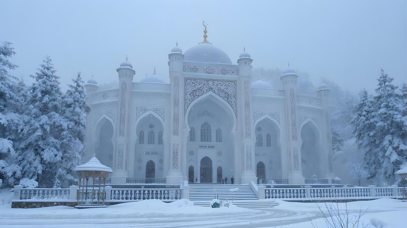 Scenic Snow Covered Mosque in Kashmir Mountains During Winter Season