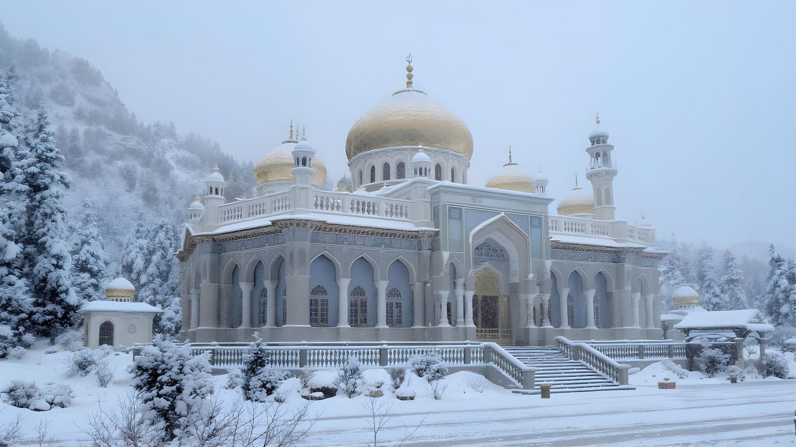 Scenic Snow Covered Mosque in Kashmir Mountains During Winter Season