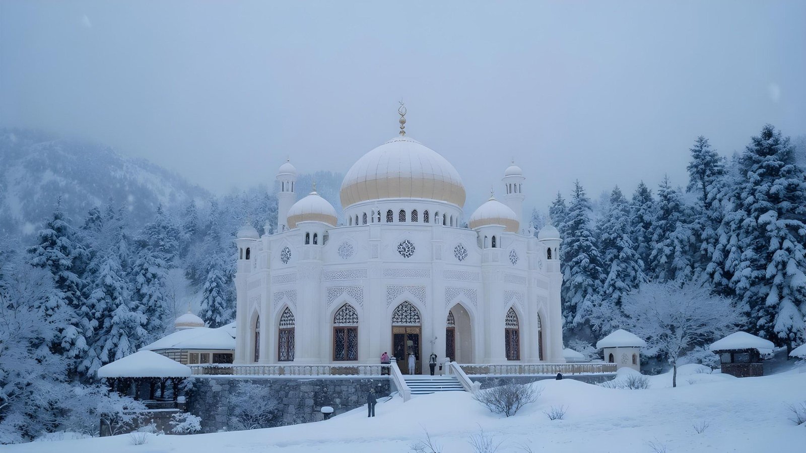 Scenic Snow Covered Mosque in Kashmir Mountains During Winter Season