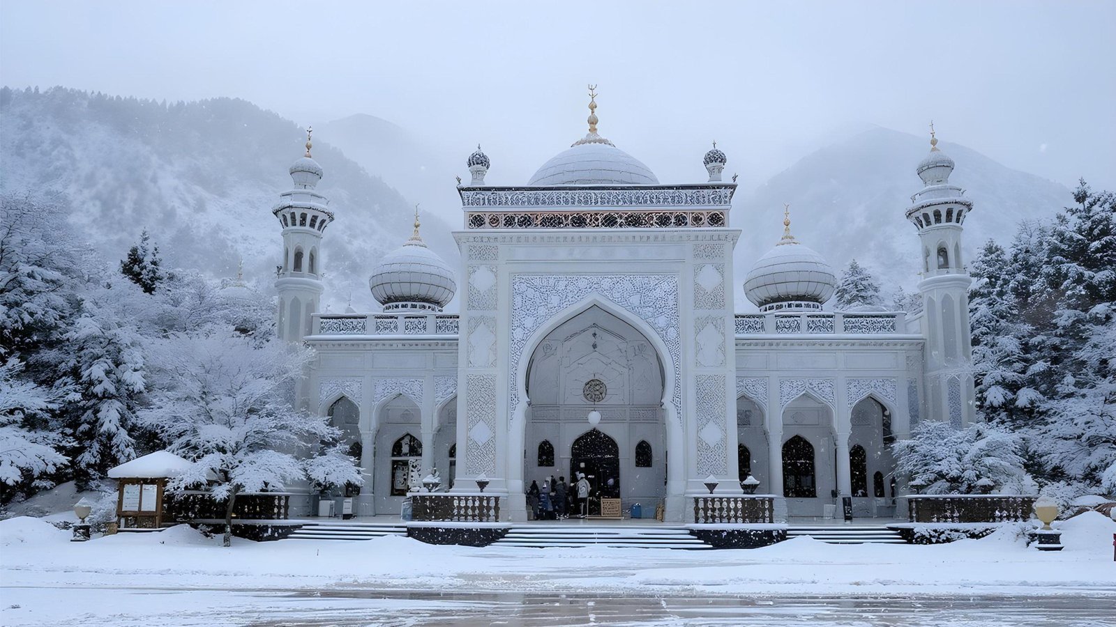 Scenic Snow Covered Mosque in Kashmir Mountains During Winter Season