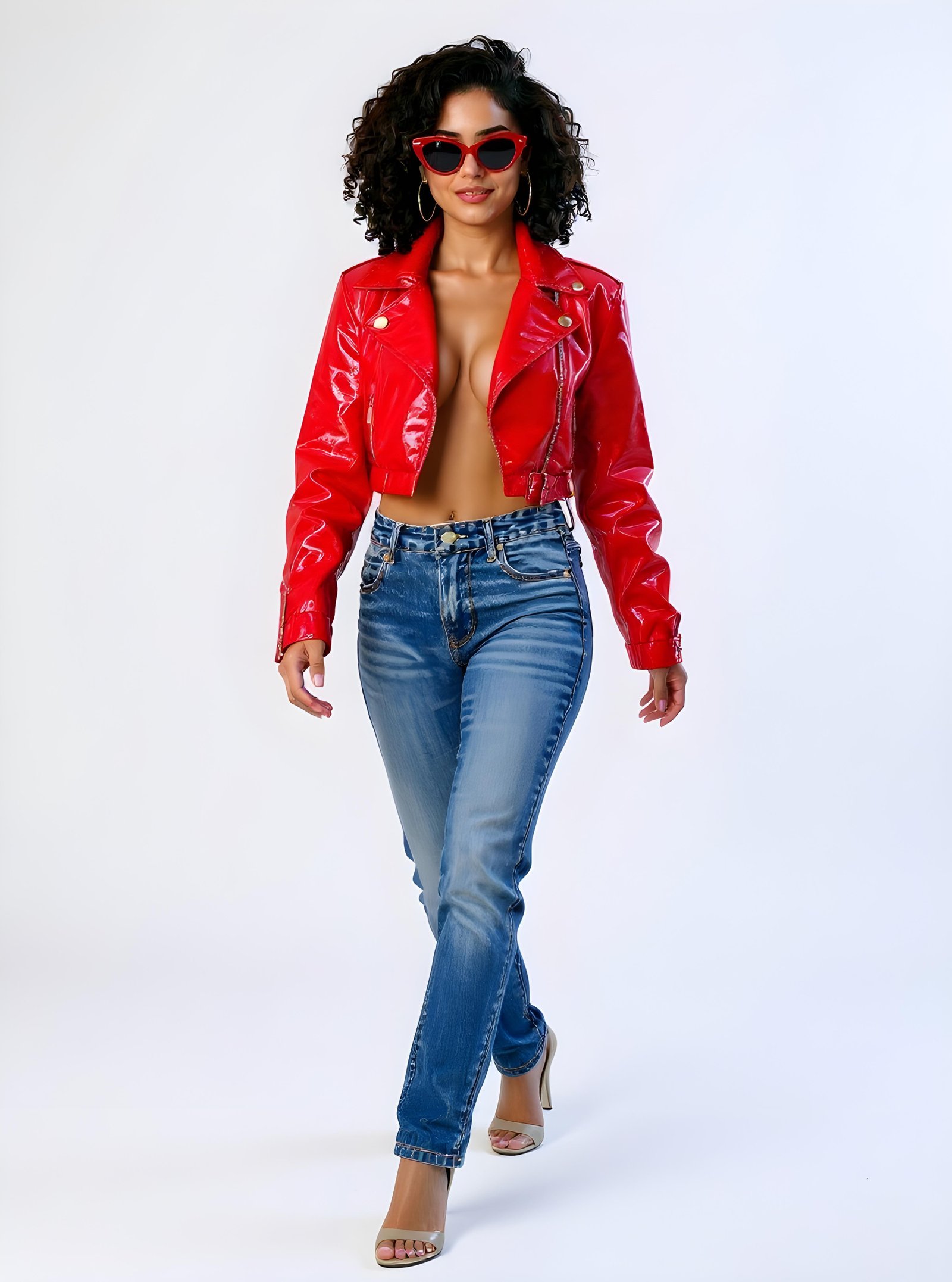 Stylish Woman Wearing Fashionable Leather Jacket and Sunglasses Isolated on White Background