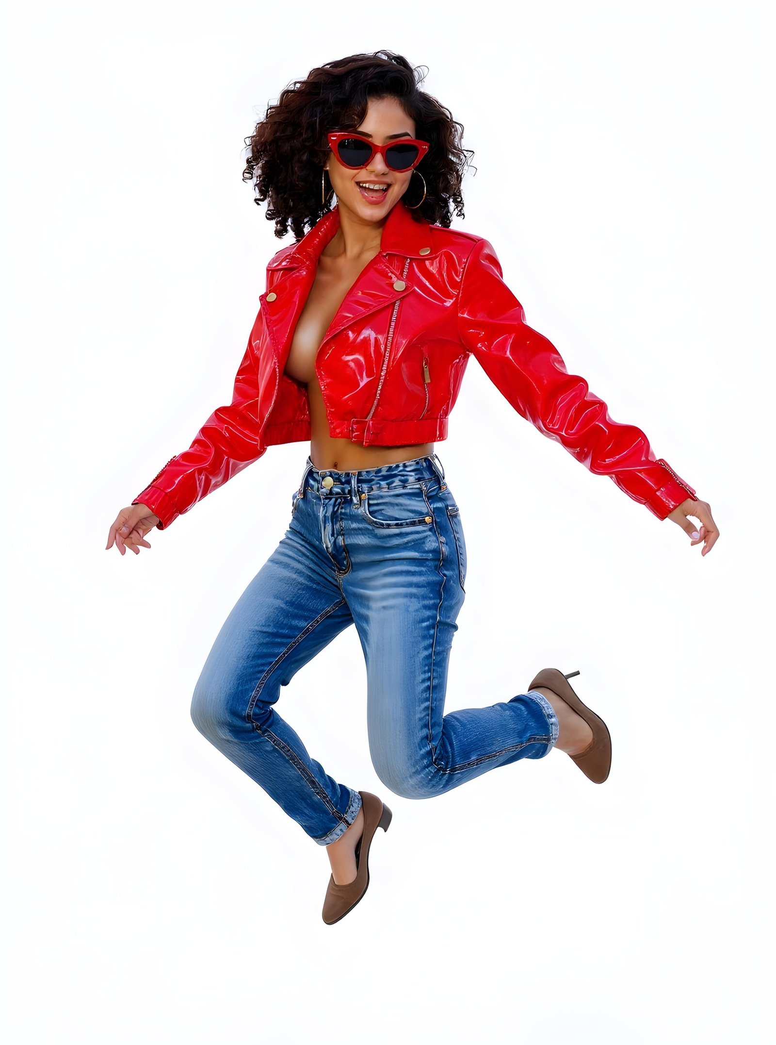 Stylish Woman Wearing Fashionable Leather Jacket and Sunglasses Isolated on White Background