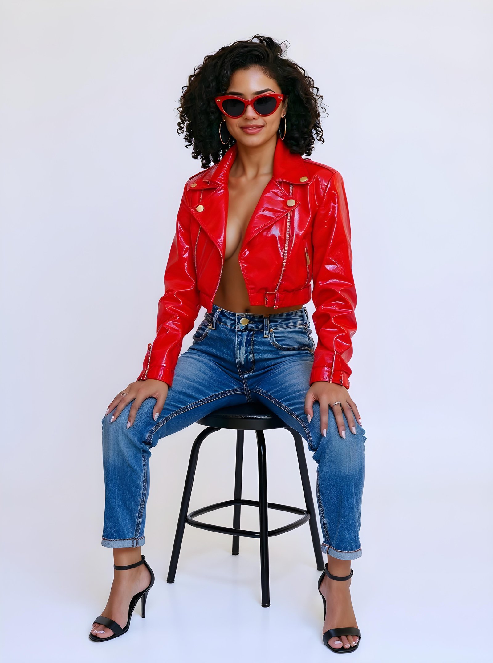 Stylish Woman Wearing Fashionable Leather Jacket and Sunglasses Isolated on White Background
