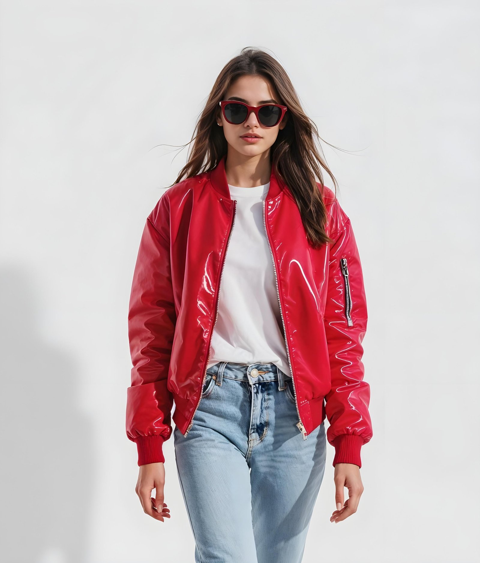 Stylish Woman Wearing Fashionable Leather Jacket and Sunglasses Isolated on White Background