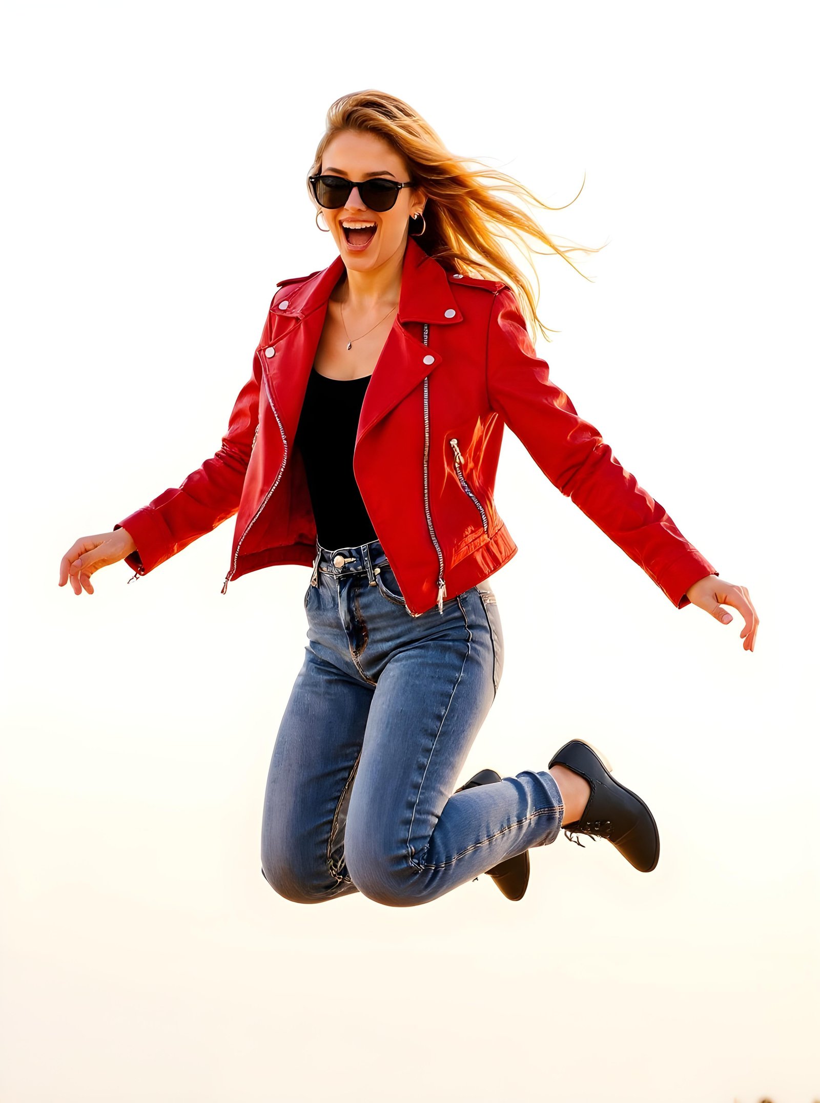 Stylish Woman Wearing Fashionable Leather Jacket and Sunglasses Isolated on White Background