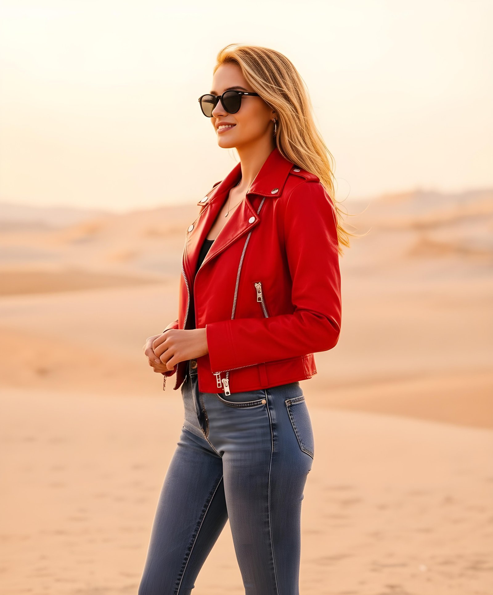 Stylish Woman Wearing Fashionable Leather Jacket and Sunglasses Isolated on White Background