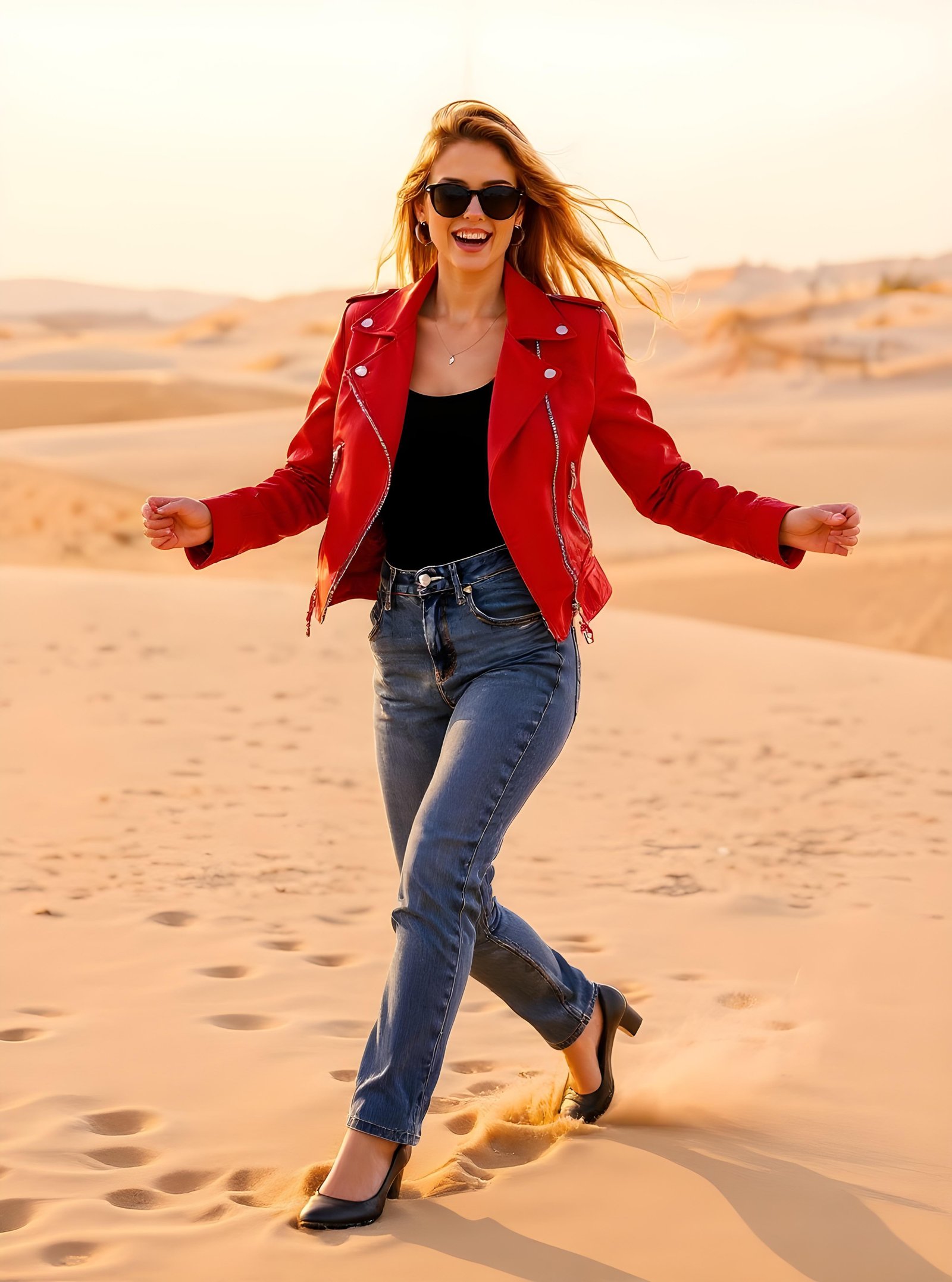 Stylish Woman Wearing Fashionable Leather Jacket and Sunglasses Isolated on White Background