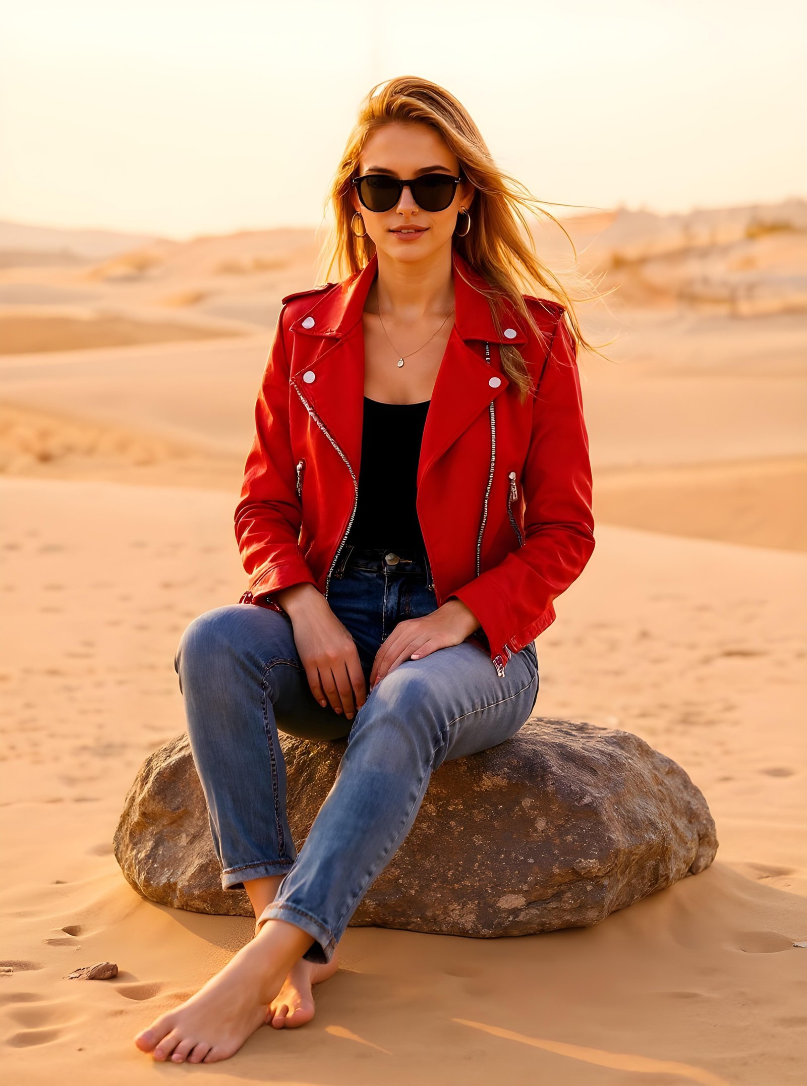 Stylish Woman Wearing Fashionable Leather Jacket and Sunglasses Isolated on White Background