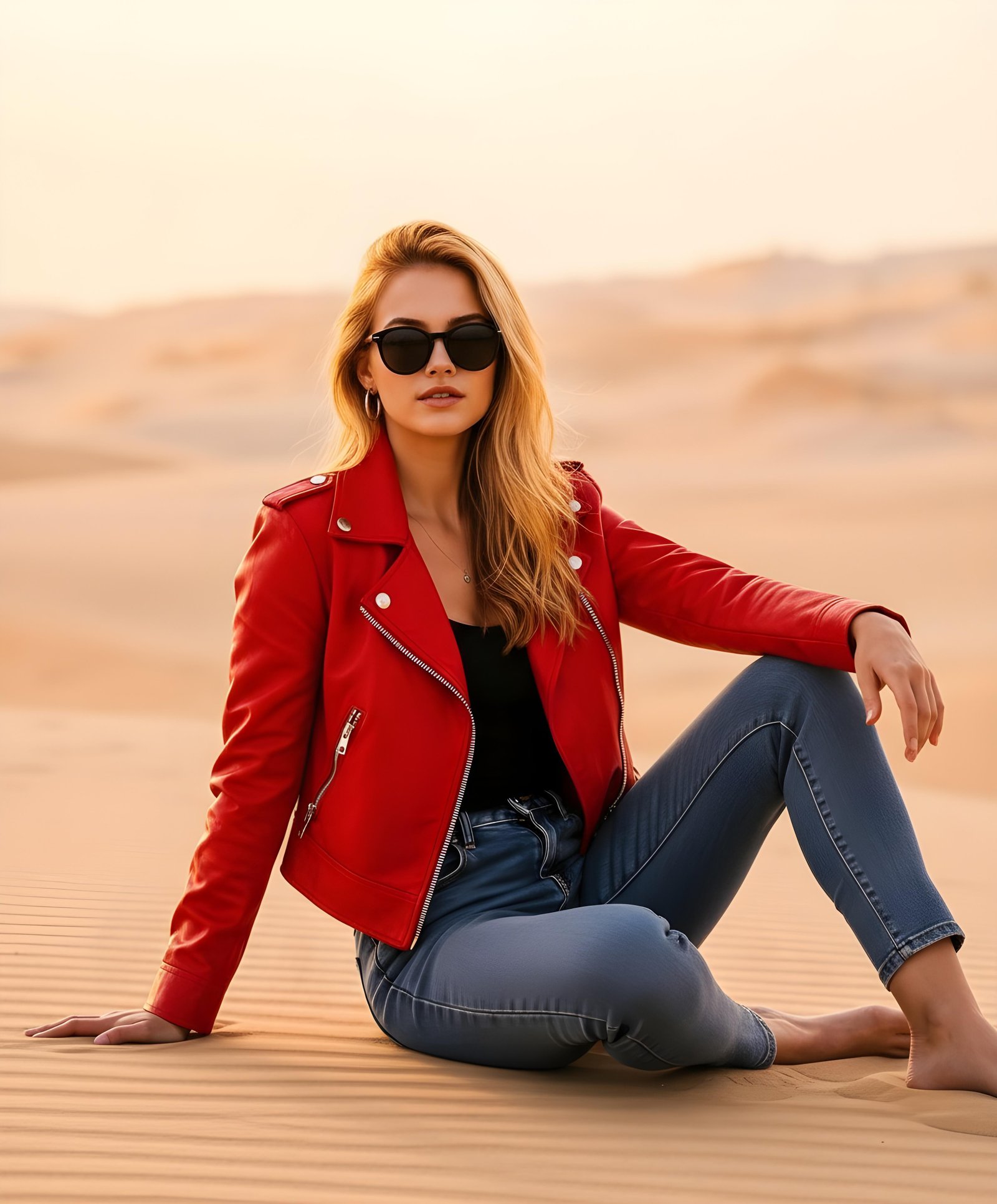 Stylish Woman Wearing Fashionable Leather Jacket and Sunglasses Isolated on White Background