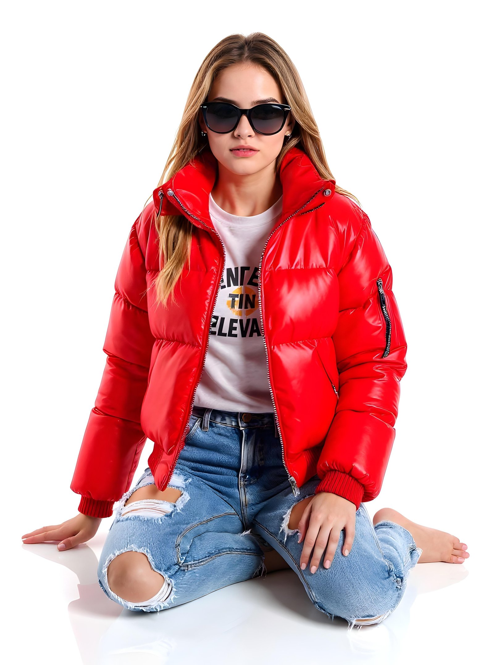 Stylish Woman Wearing Fashionable Leather Jacket and Sunglasses Isolated on White Background