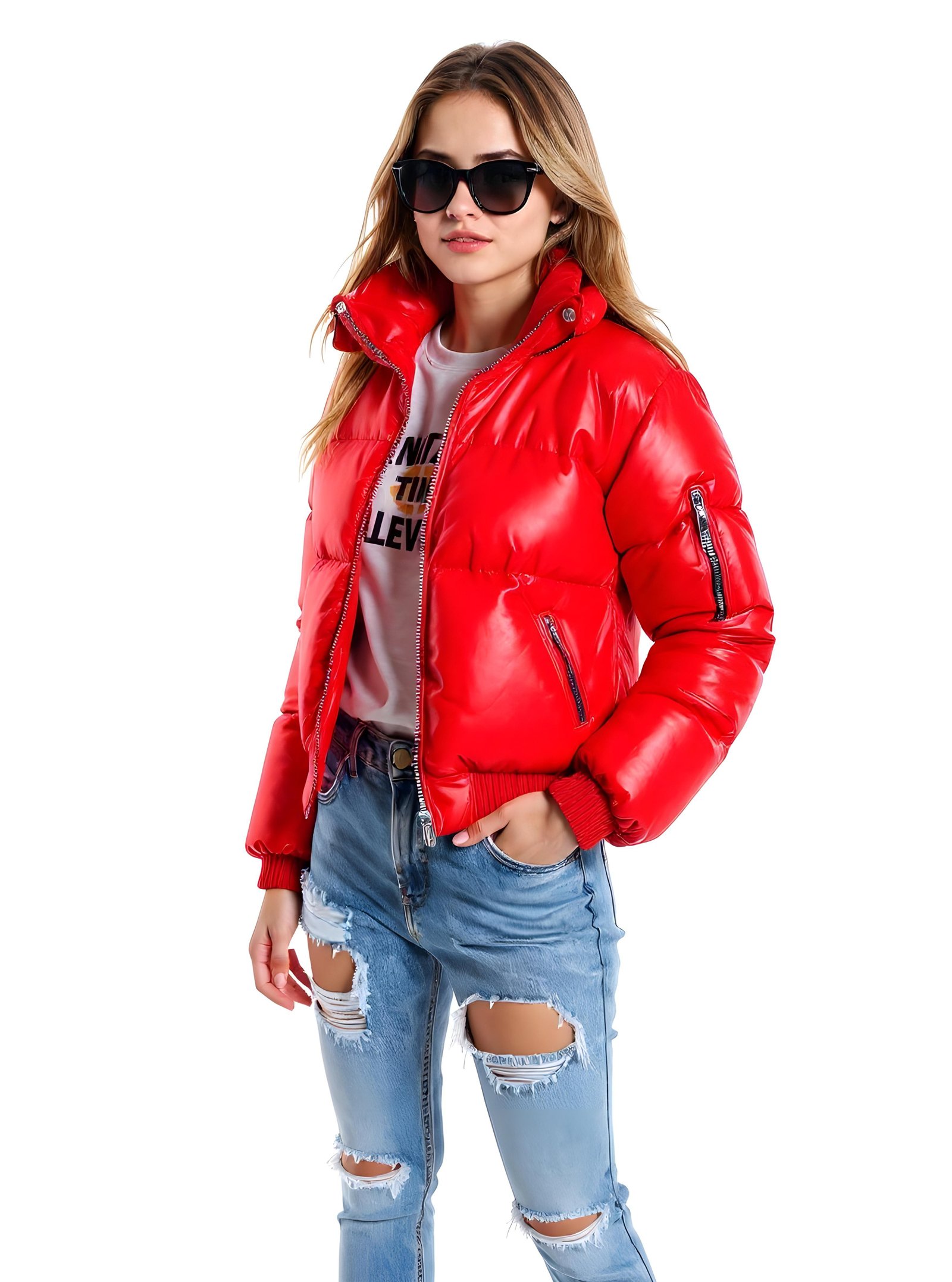 Stylish Woman Wearing Fashionable Leather Jacket and Sunglasses Isolated on White Background