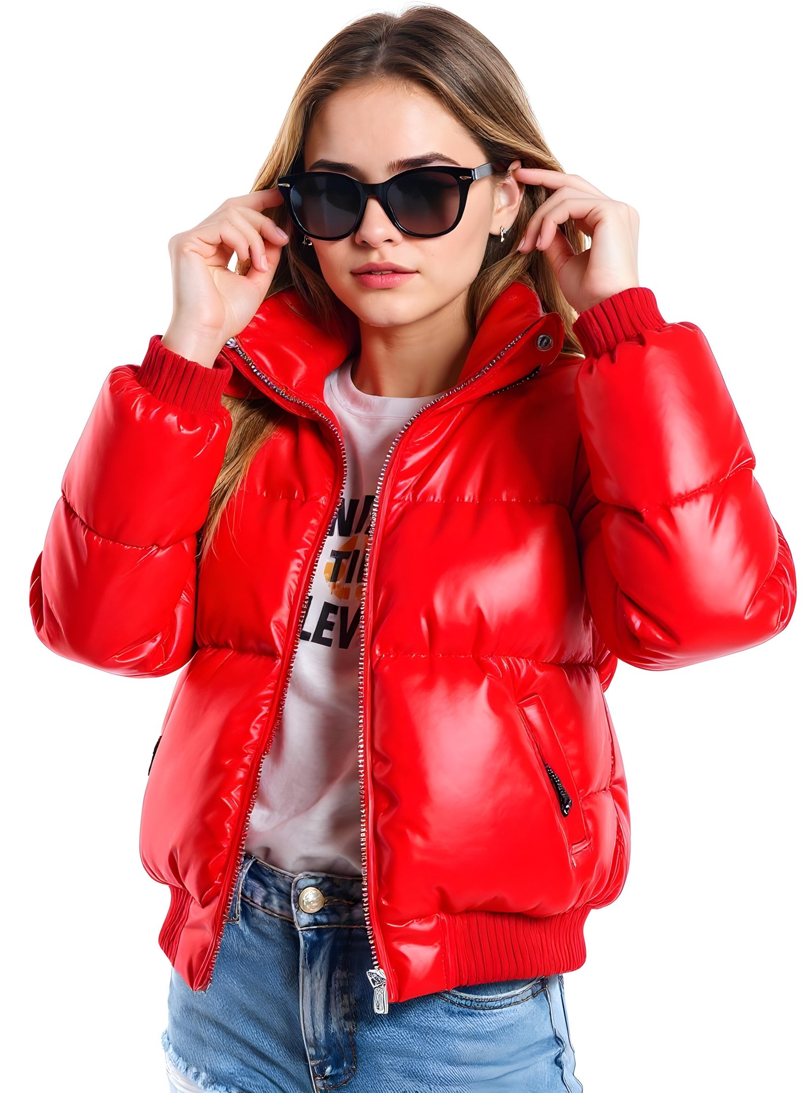 Stylish Woman Wearing Fashionable Leather Jacket and Sunglasses Isolated on White Background