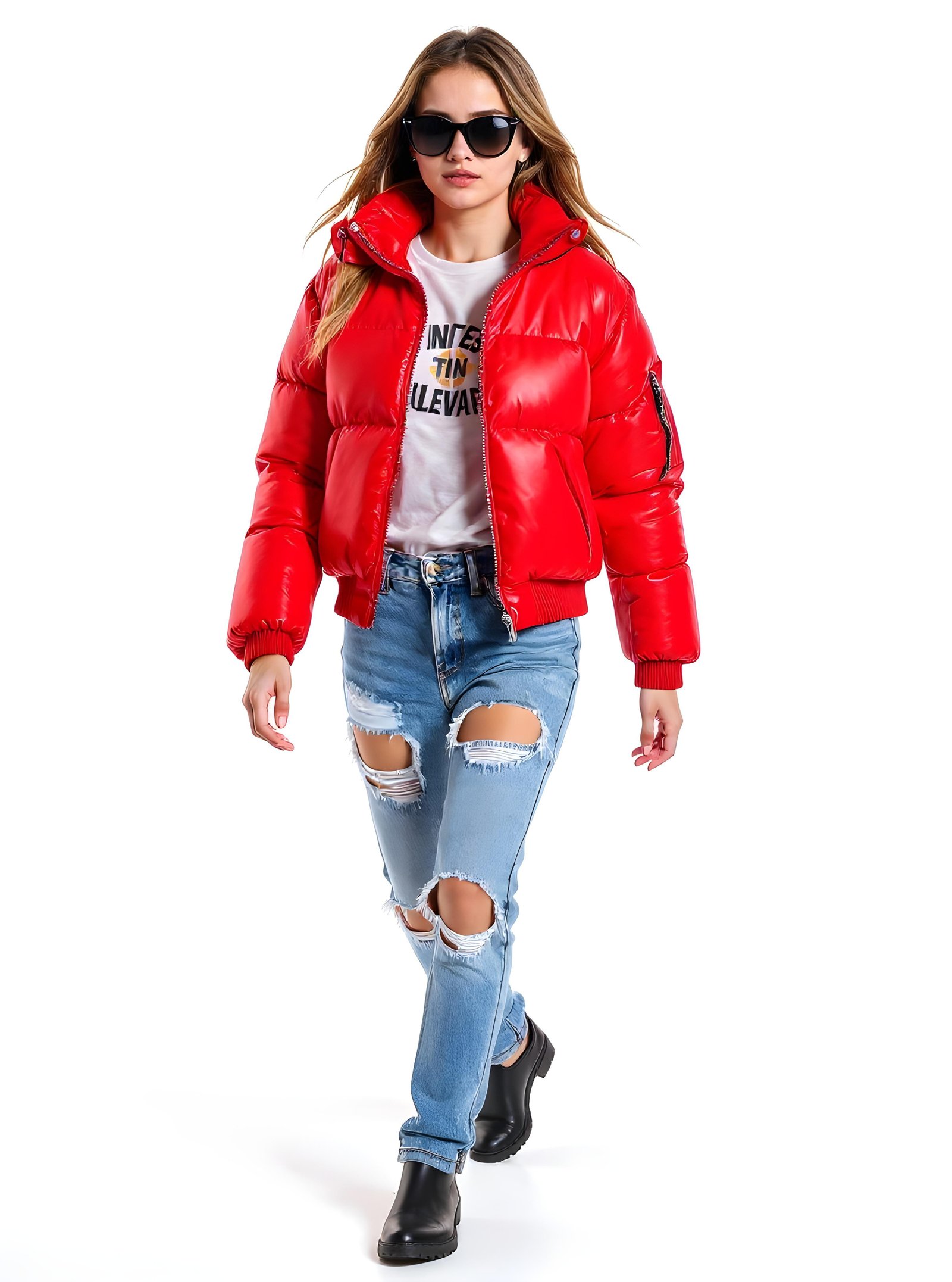 Stylish Woman Wearing Fashionable Leather Jacket and Sunglasses Isolated on White Background