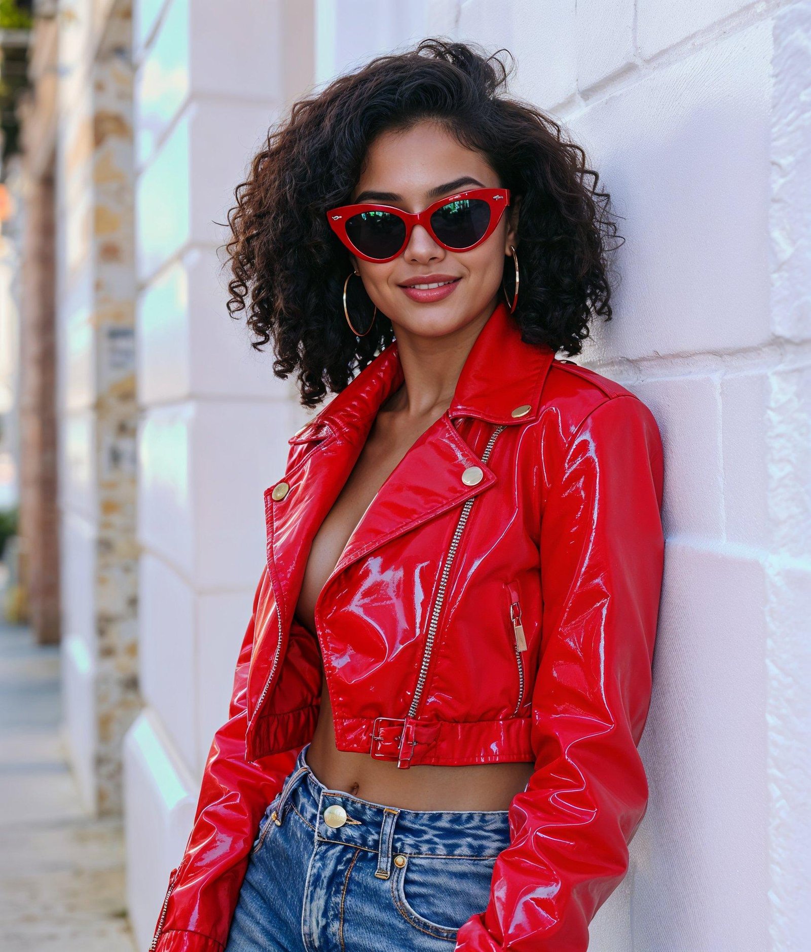 Stylish Woman Wearing Fashionable Leather Jacket and Sunglasses Isolated on White Background
