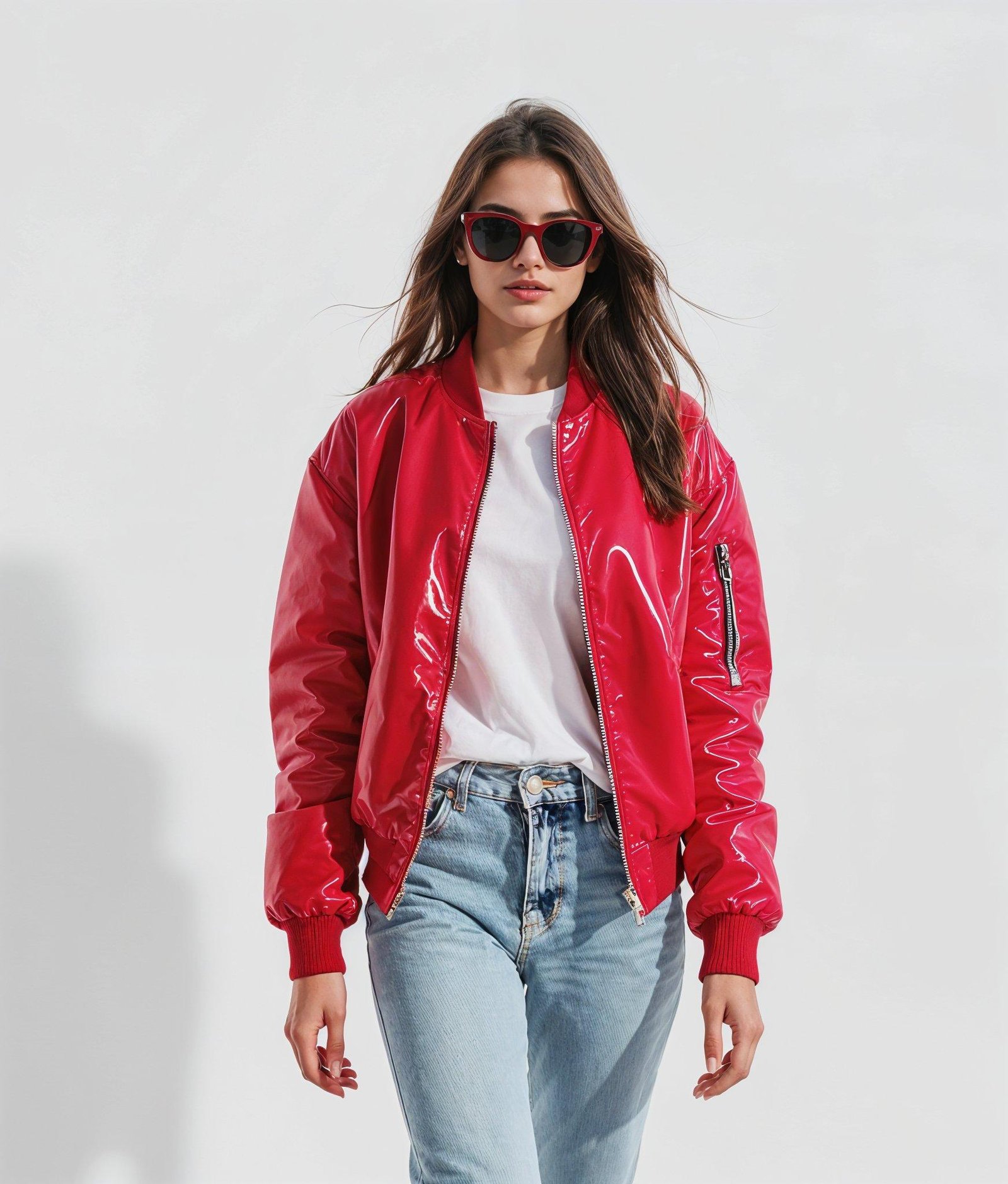 Stylish Woman Wearing Fashionable Leather Jacket and Sunglasses Isolated on White Background