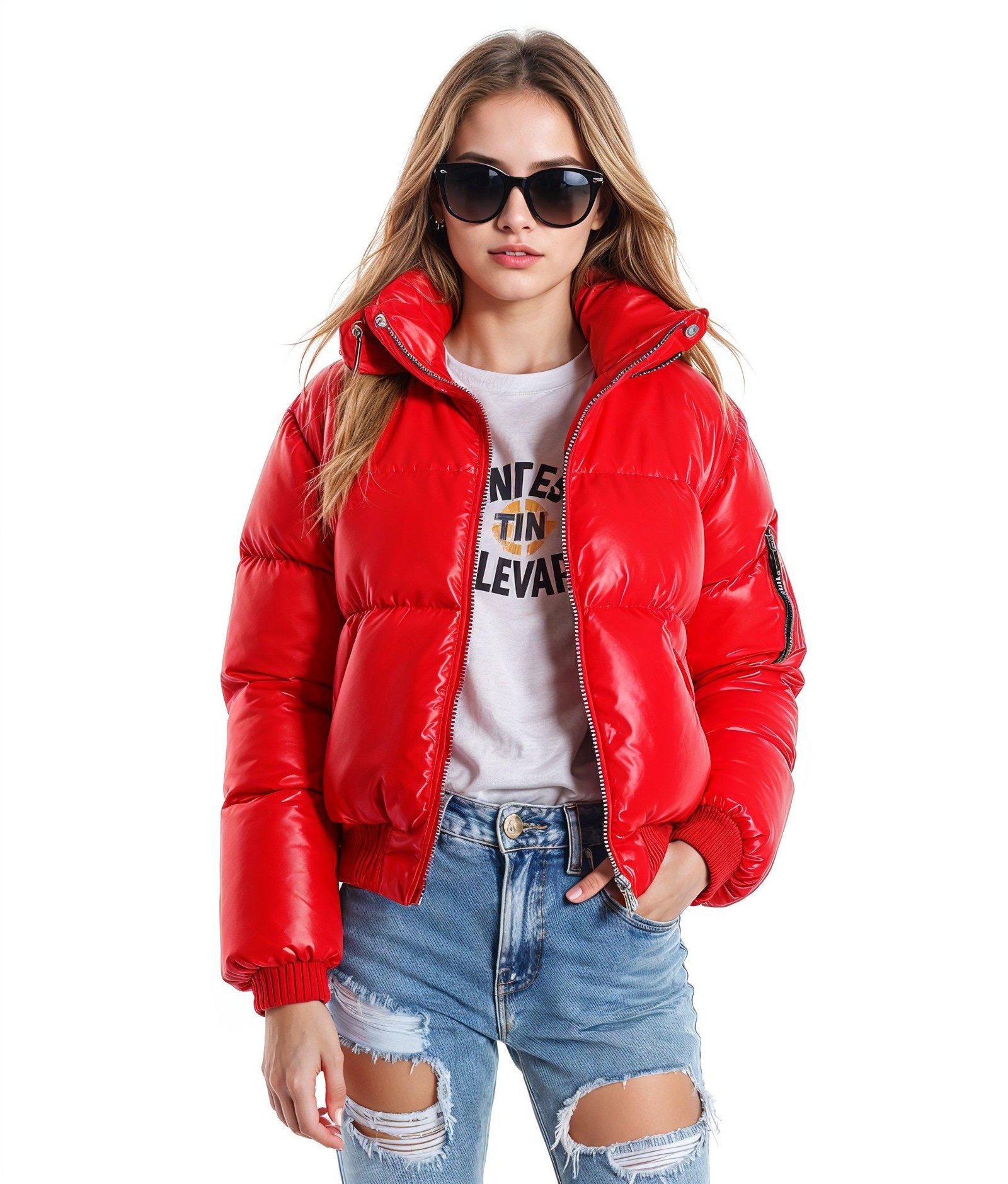 Stylish Woman Wearing Fashionable Leather Jacket and Sunglasses Isolated on White Background