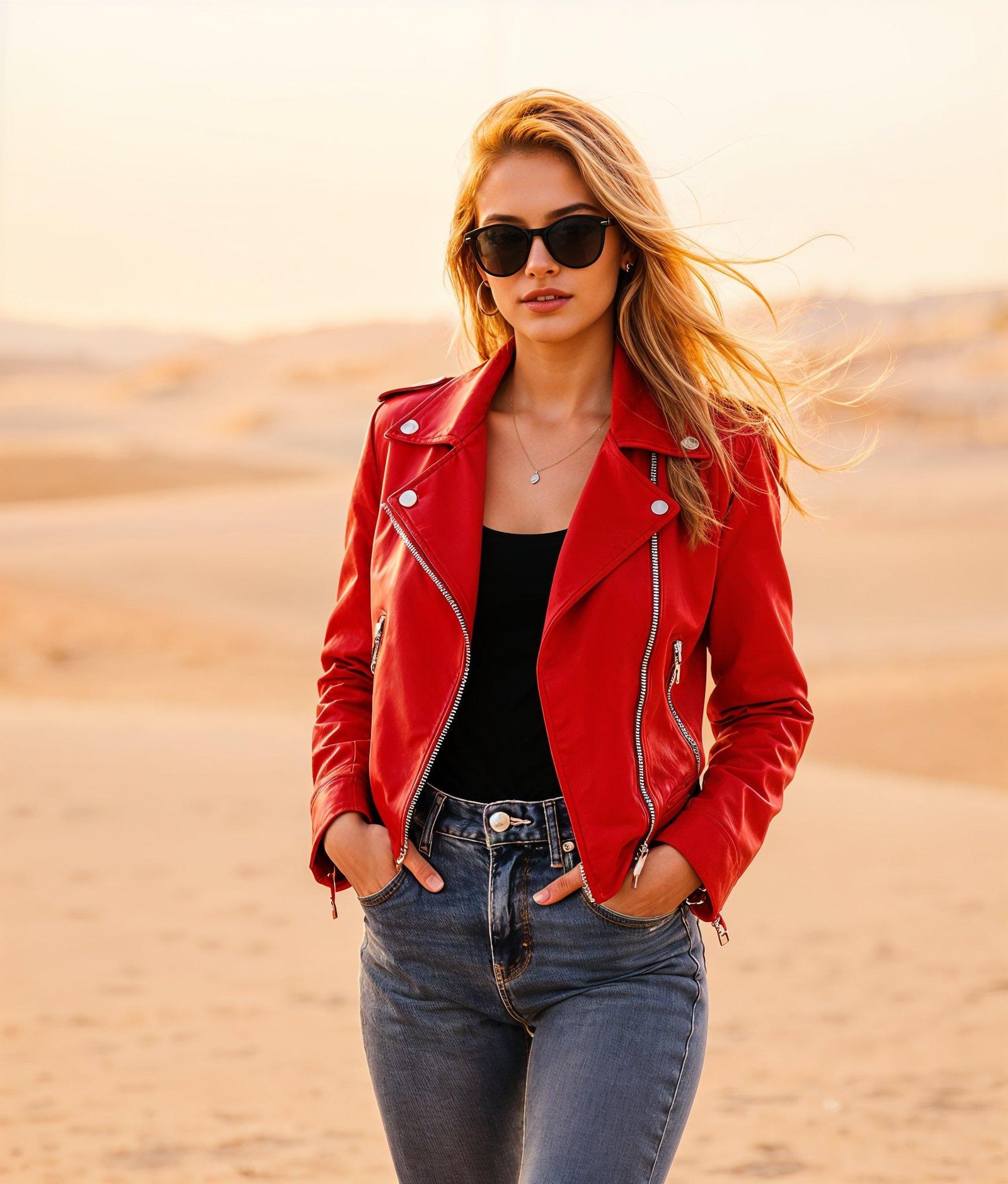 Stylish Woman Wearing Fashionable Leather Jacket and Sunglasses Isolated on White Background