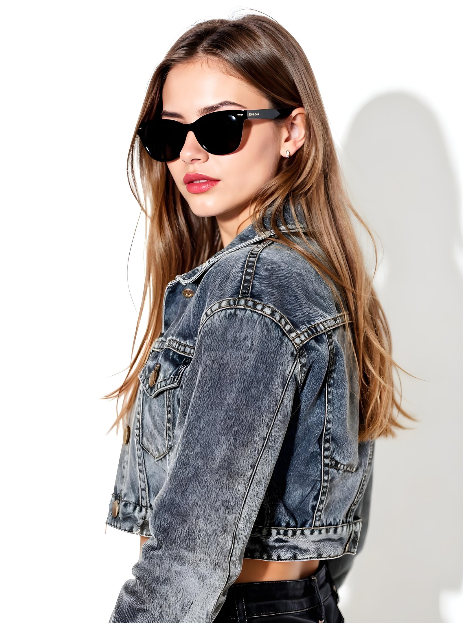 Stylish Woman Wearing Fashionable Leather Jacket and Sunglasses Isolated on White Background