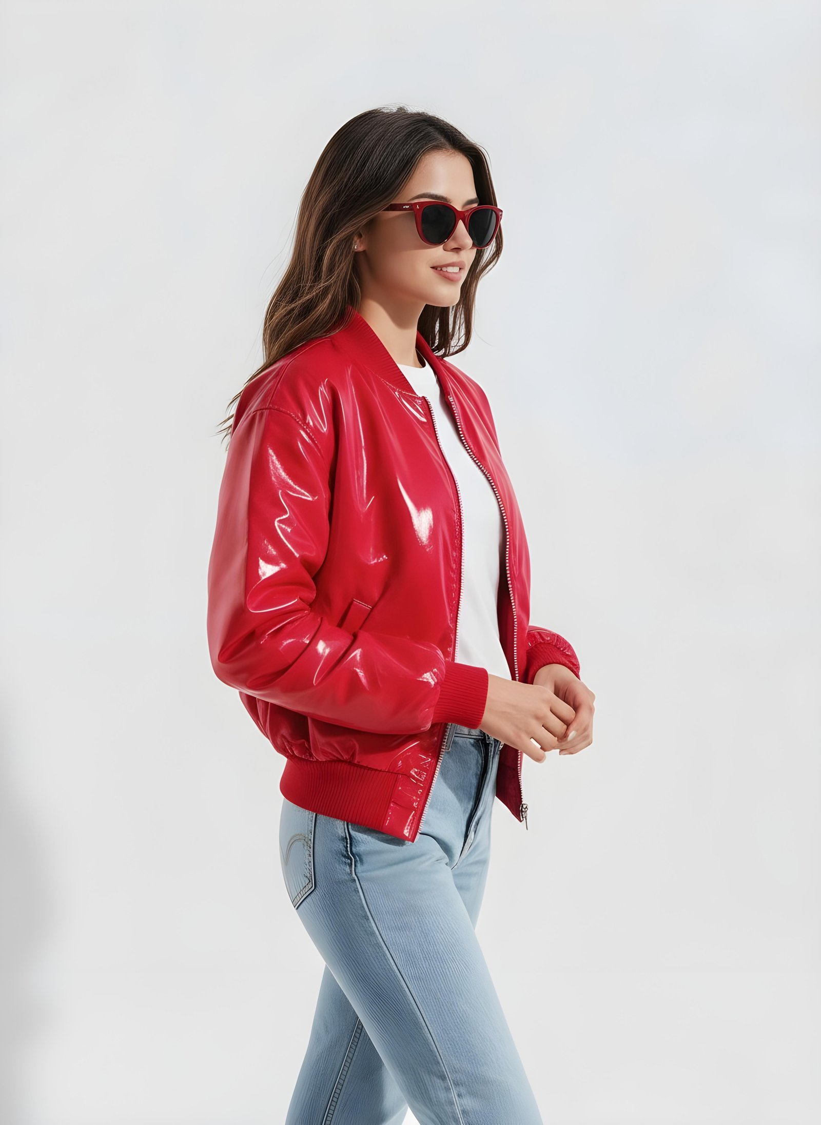 Stylish Woman Wearing Fashionable Leather Jacket and Sunglasses Isolated on White Background