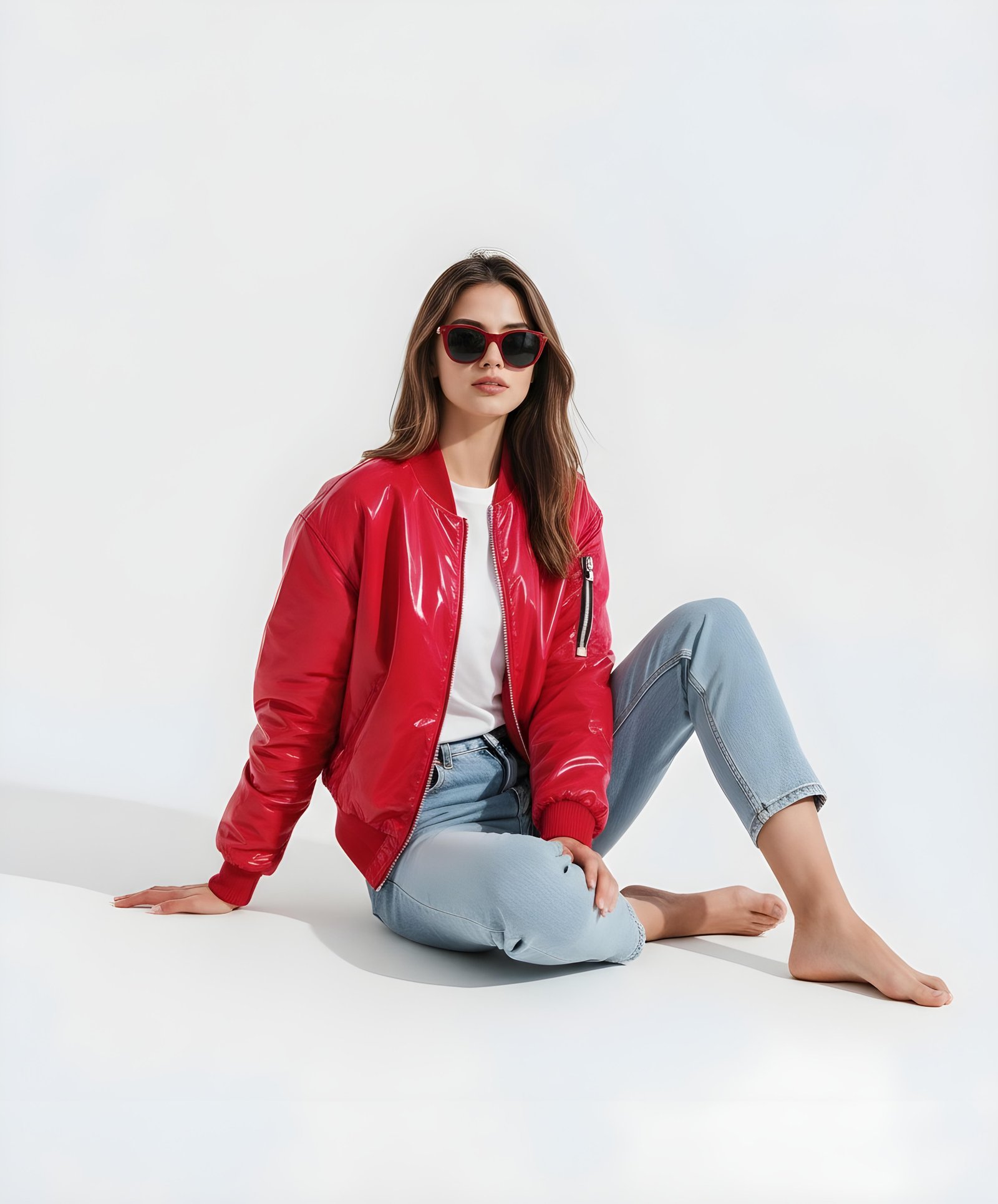 Stylish Woman Wearing Fashionable Leather Jacket and Sunglasses Isolated on White Background