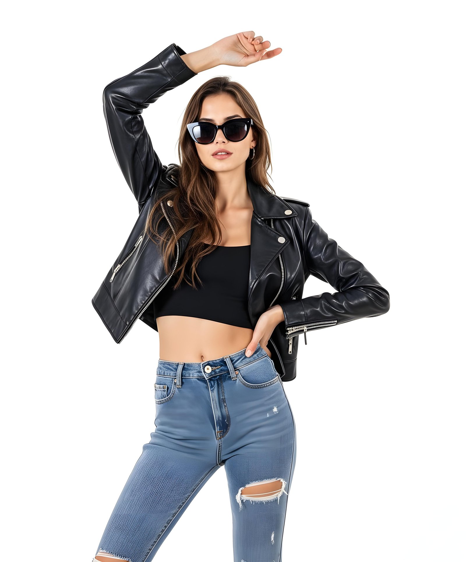 Stylish Woman Wearing Fashionable Leather Jacket and Sunglasses Isolated on White Background
