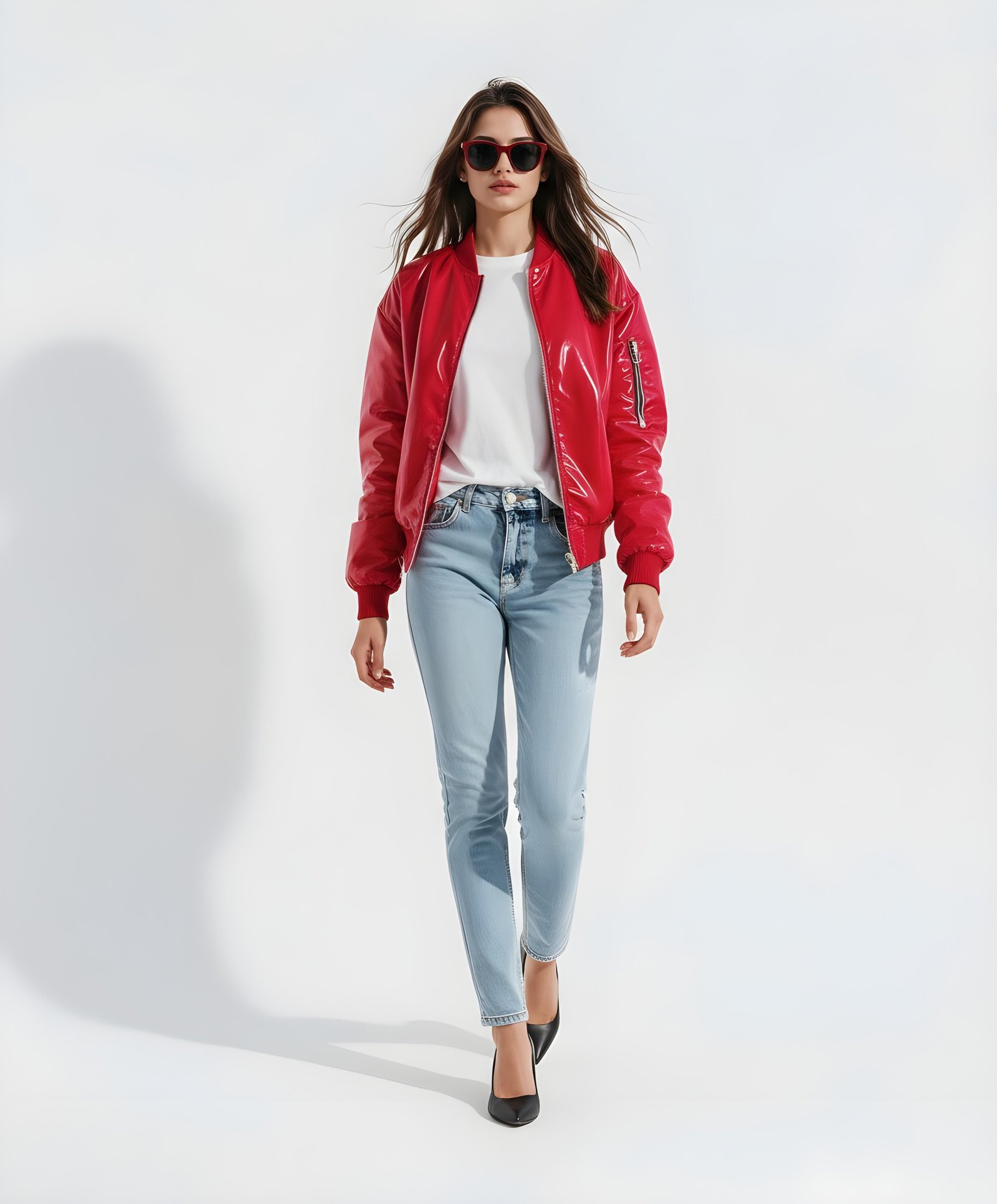 Stylish Woman Wearing Fashionable Leather Jacket and Sunglasses Isolated on White Background