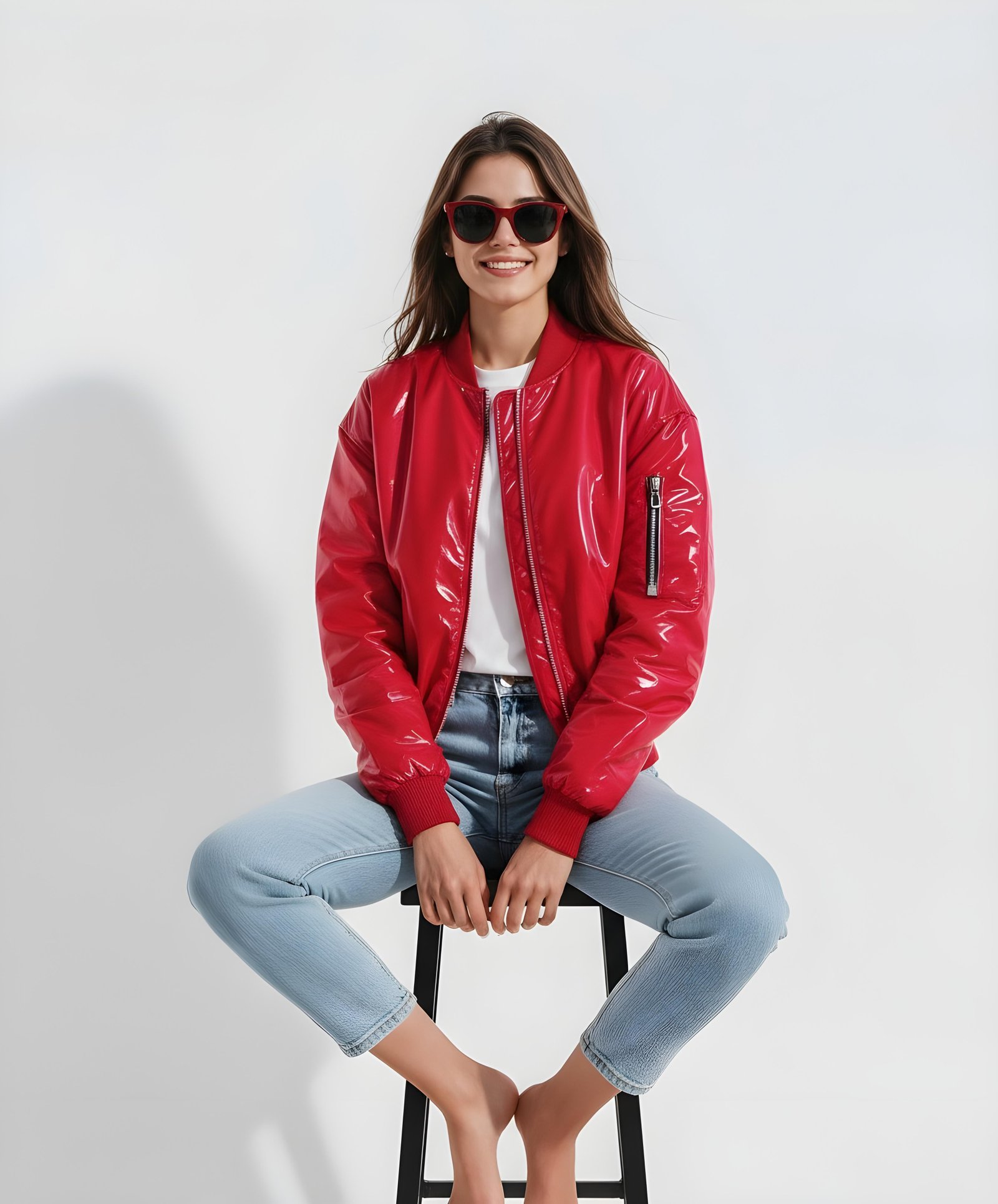 Stylish Woman Wearing Fashionable Leather Jacket and Sunglasses Isolated on White Background