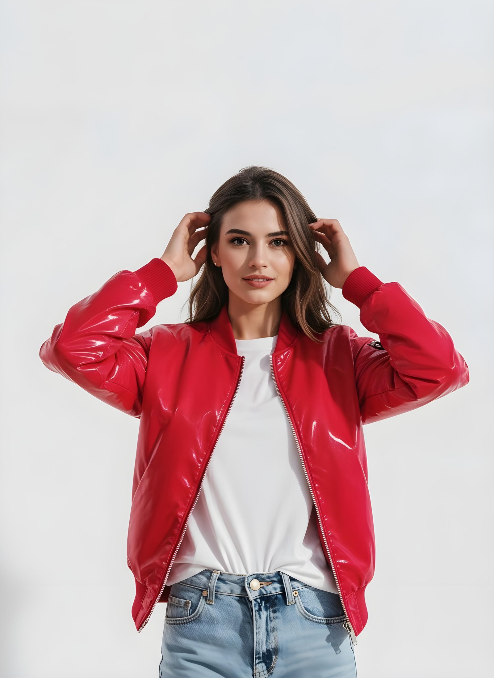 Stylish Woman Wearing Fashionable Leather Jacket and Sunglasses Isolated on White Background