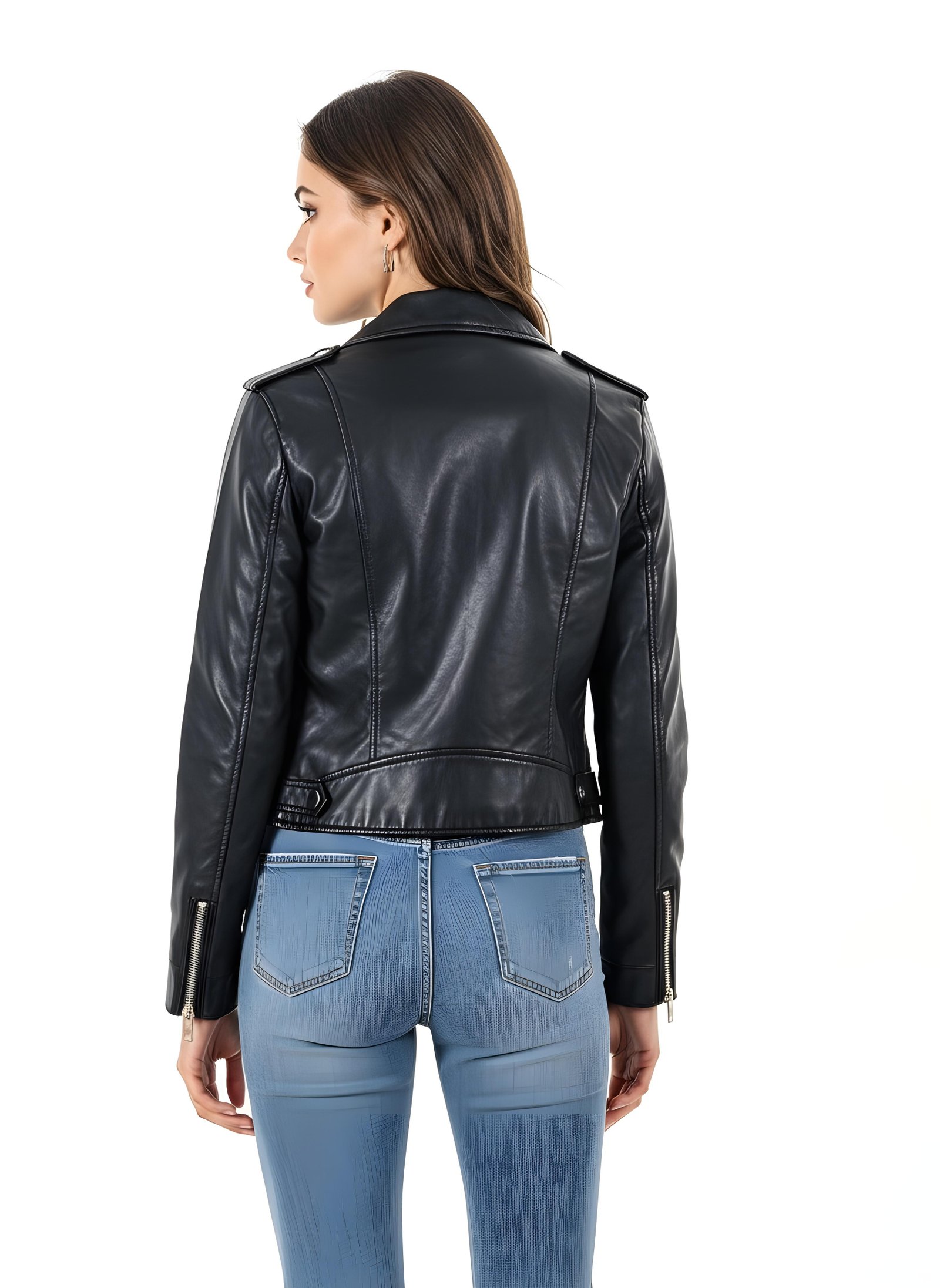 Stylish Woman Wearing Fashionable Leather Jacket and Sunglasses Isolated on White Background