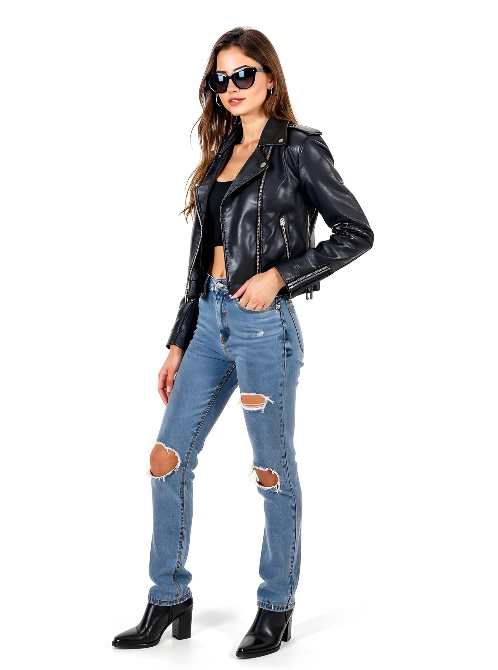 Stylish Woman Wearing Fashionable Leather Jacket and Sunglasses Isolated on White Background