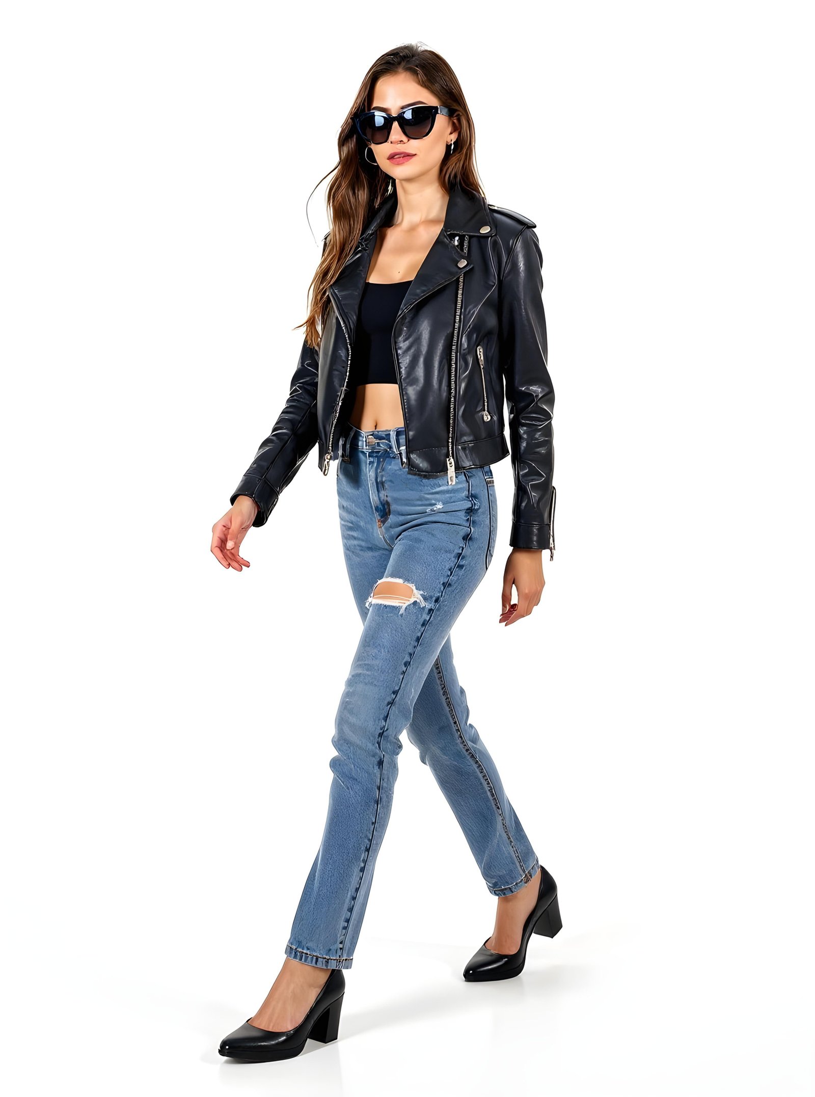 Stylish Woman Wearing Fashionable Leather Jacket and Sunglasses Isolated on White Background