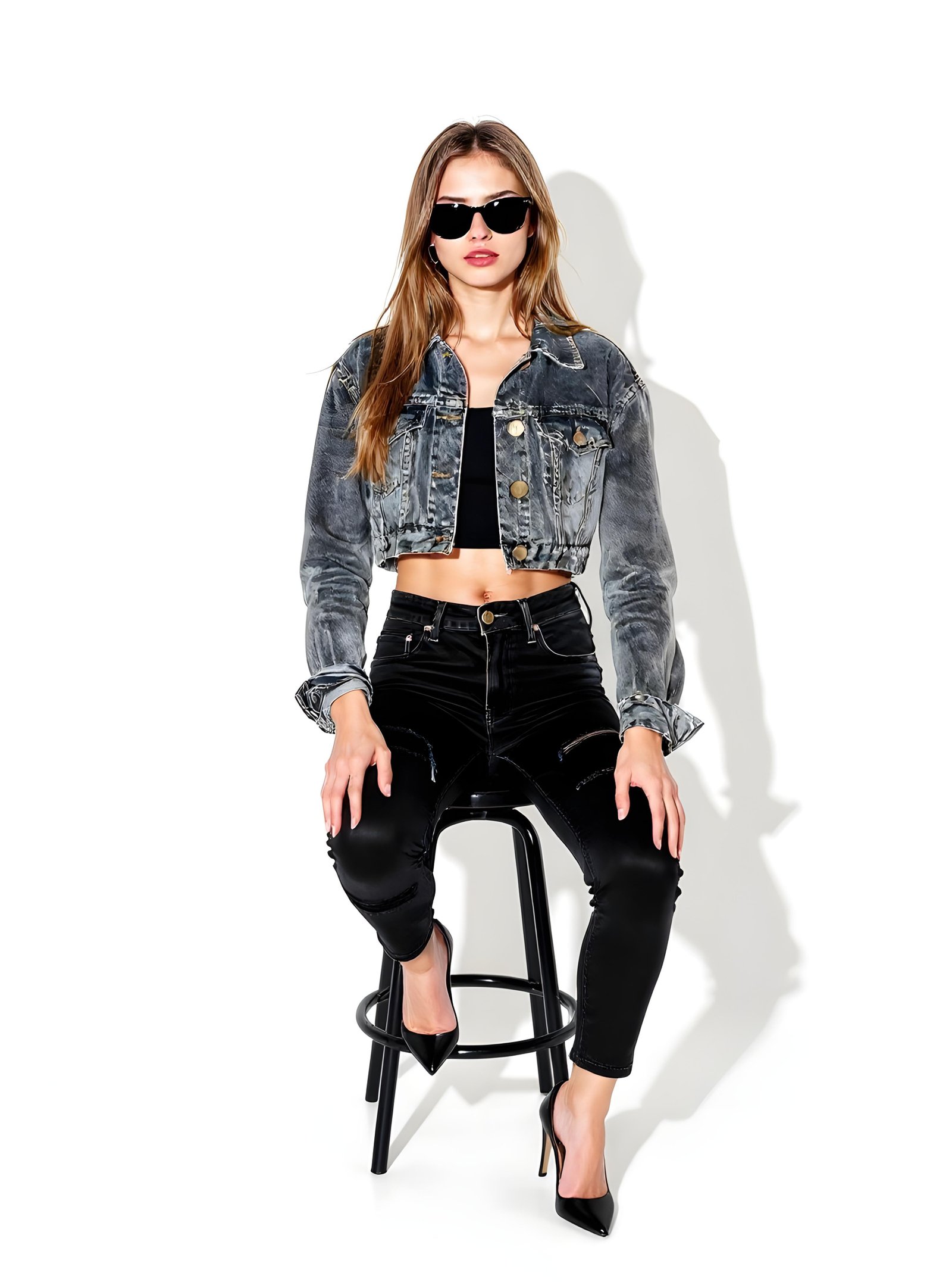 Stylish Woman Wearing Fashionable Leather Jacket and Sunglasses Isolated on White Background