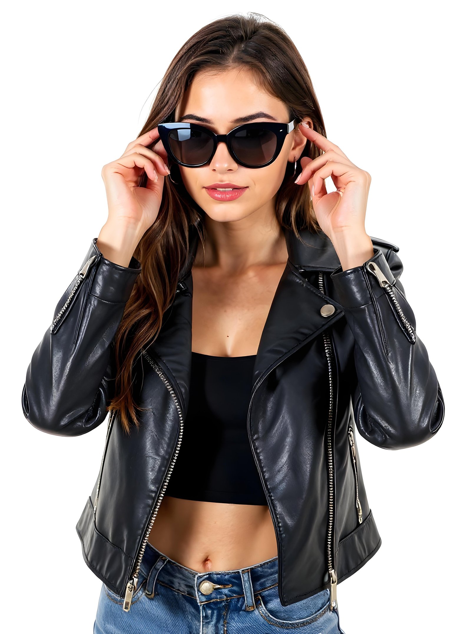 Stylish Woman Wearing Fashionable Leather Jacket and Sunglasses Isolated on White Background