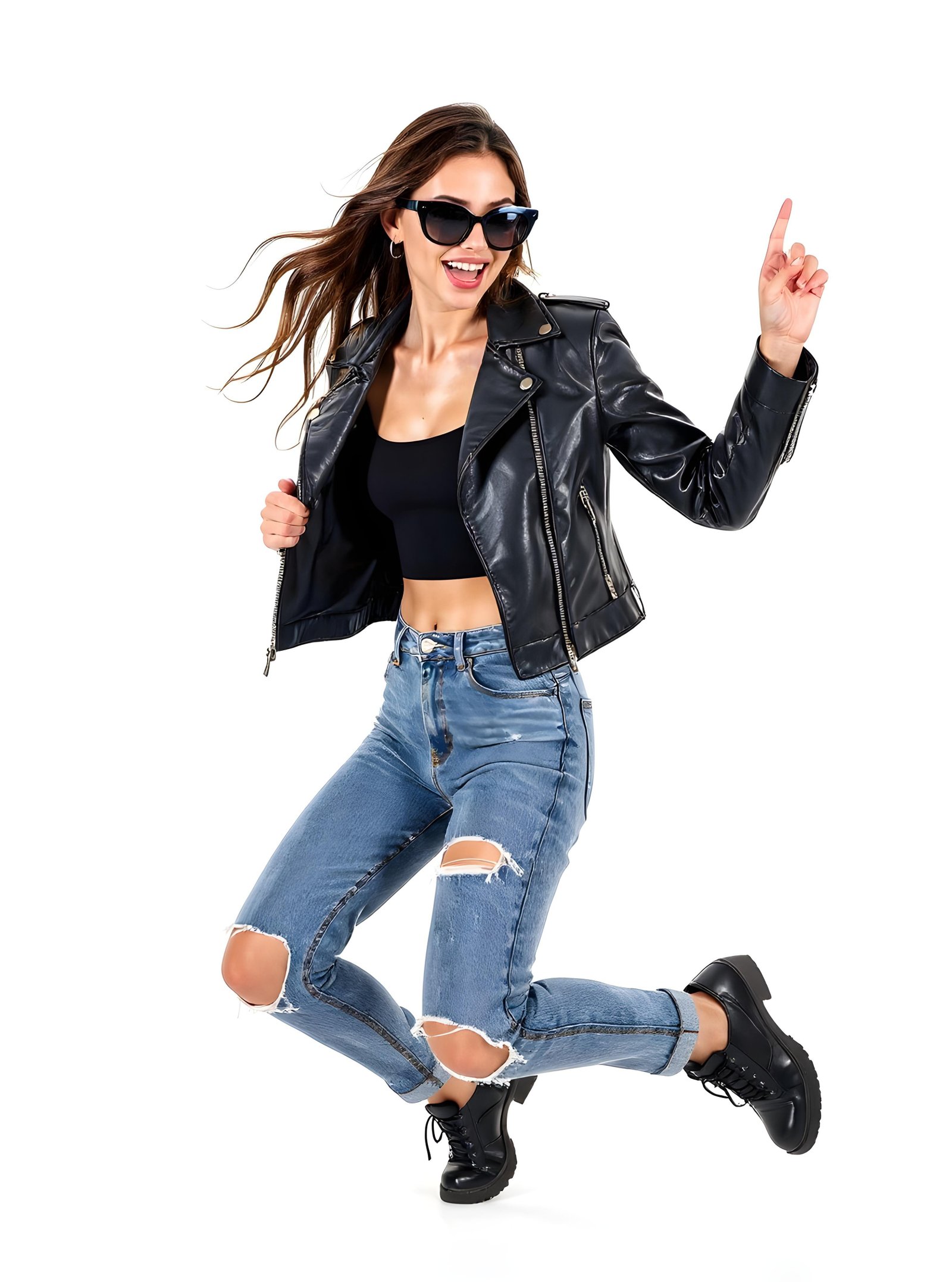 Stylish Woman Wearing Fashionable Leather Jacket and Sunglasses Isolated on White Background