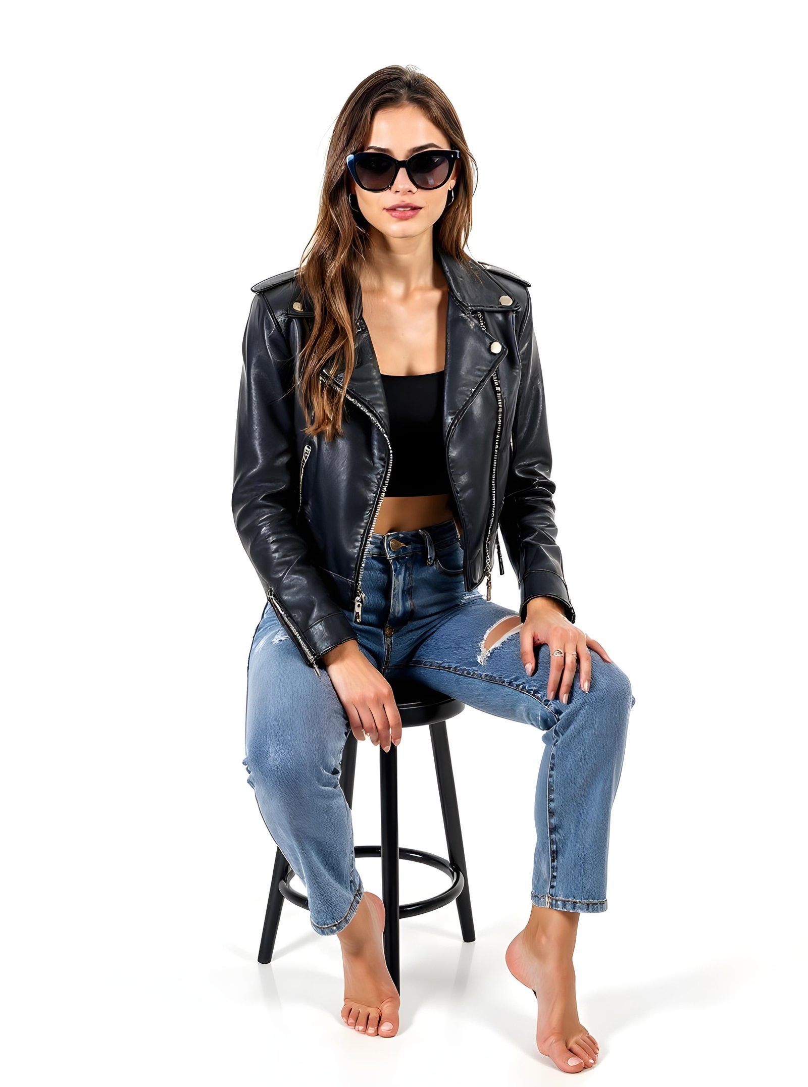 Stylish Woman Wearing Fashionable Leather Jacket and Sunglasses Isolated on White Background
