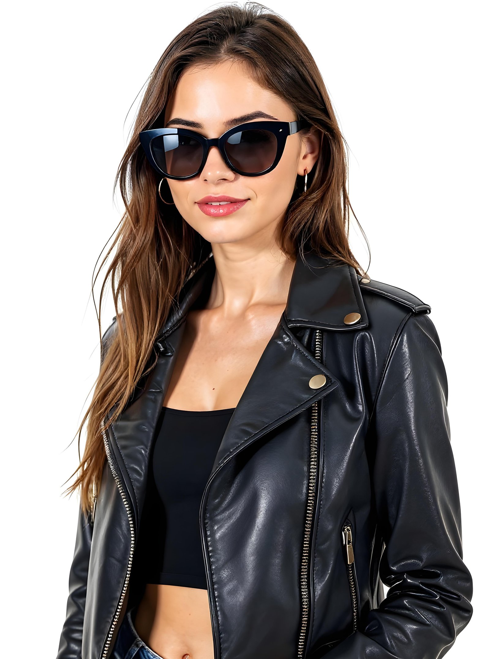 Stylish Woman Wearing Fashionable Leather Jacket and Sunglasses Isolated on White Background