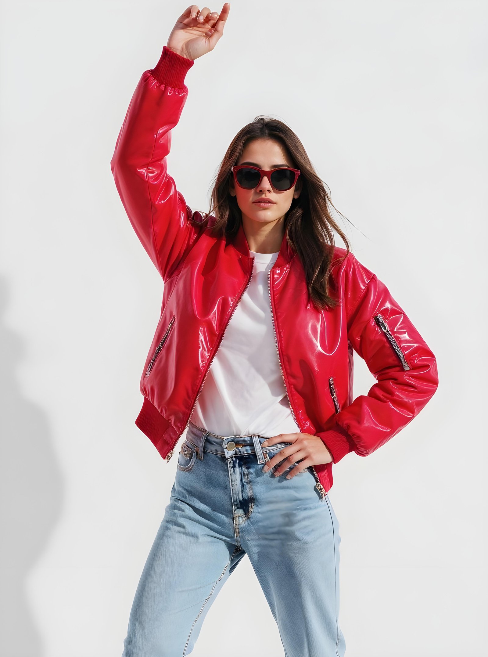 Stylish Woman Wearing Fashionable Leather Jacket and Sunglasses Isolated on White Background