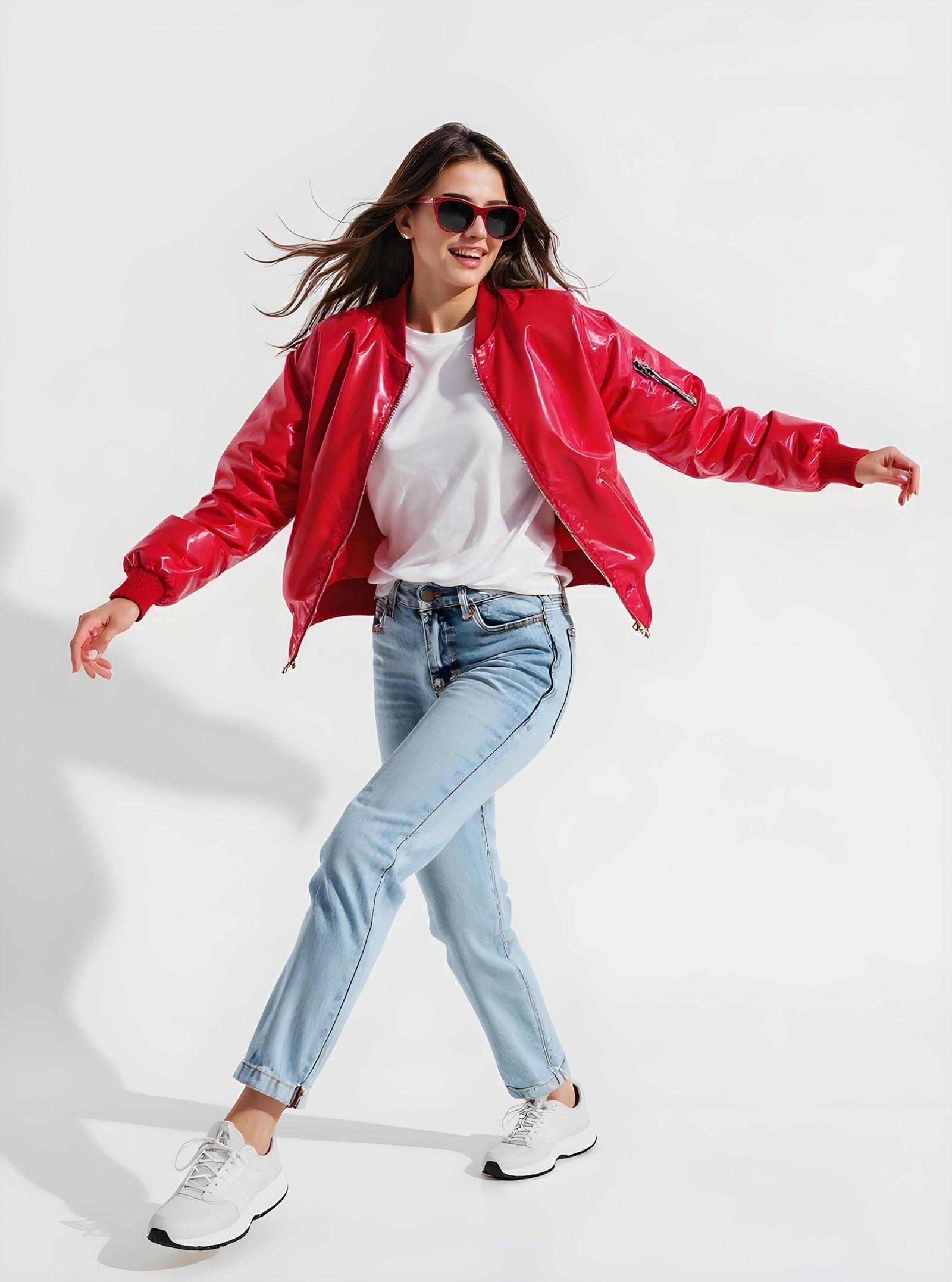 Stylish Woman Wearing Fashionable Leather Jacket and Sunglasses Isolated on White Background
