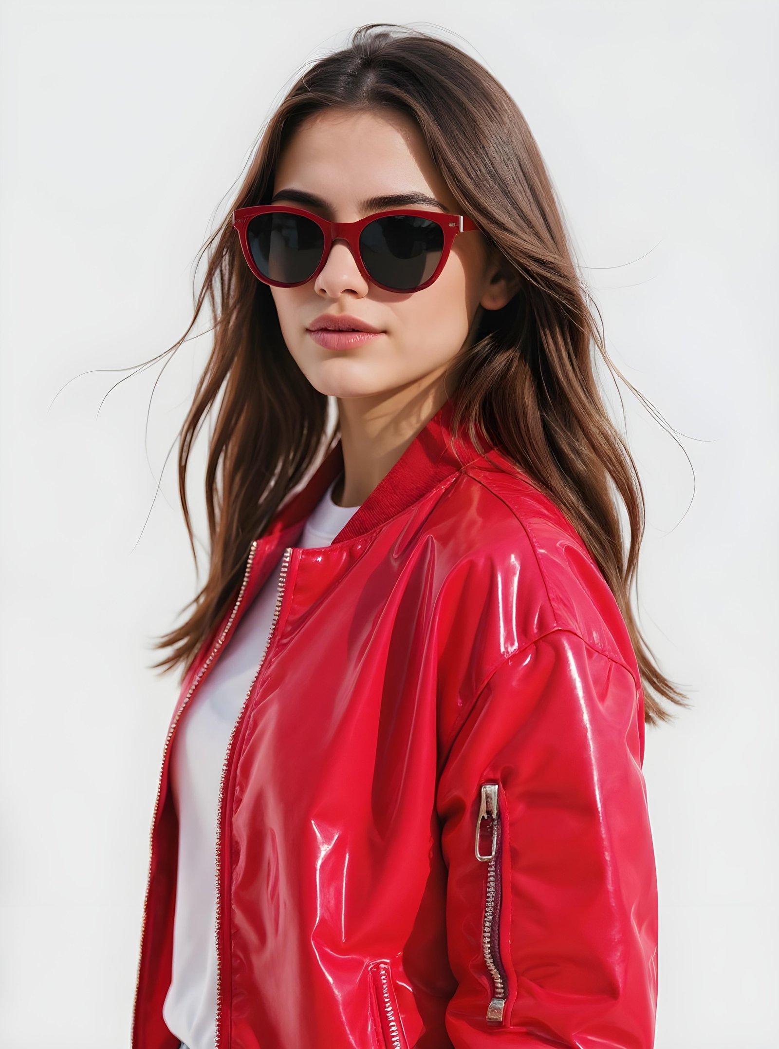 Stylish Woman Wearing Fashionable Leather Jacket and Sunglasses Isolated on White Background
