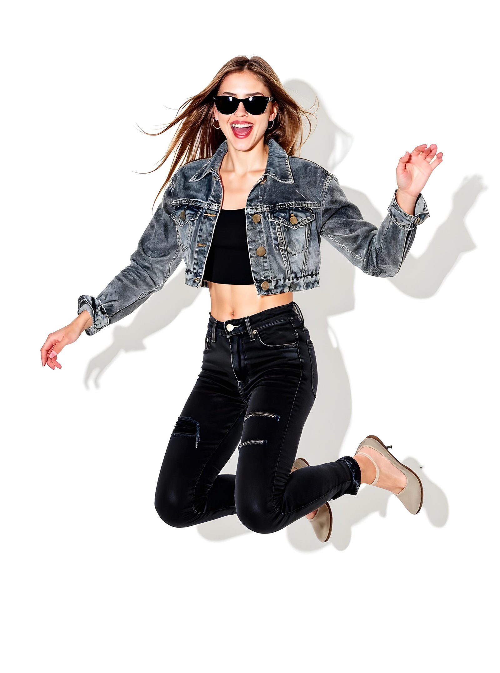 Stylish Woman Wearing Fashionable Leather Jacket and Sunglasses Isolated on White Background