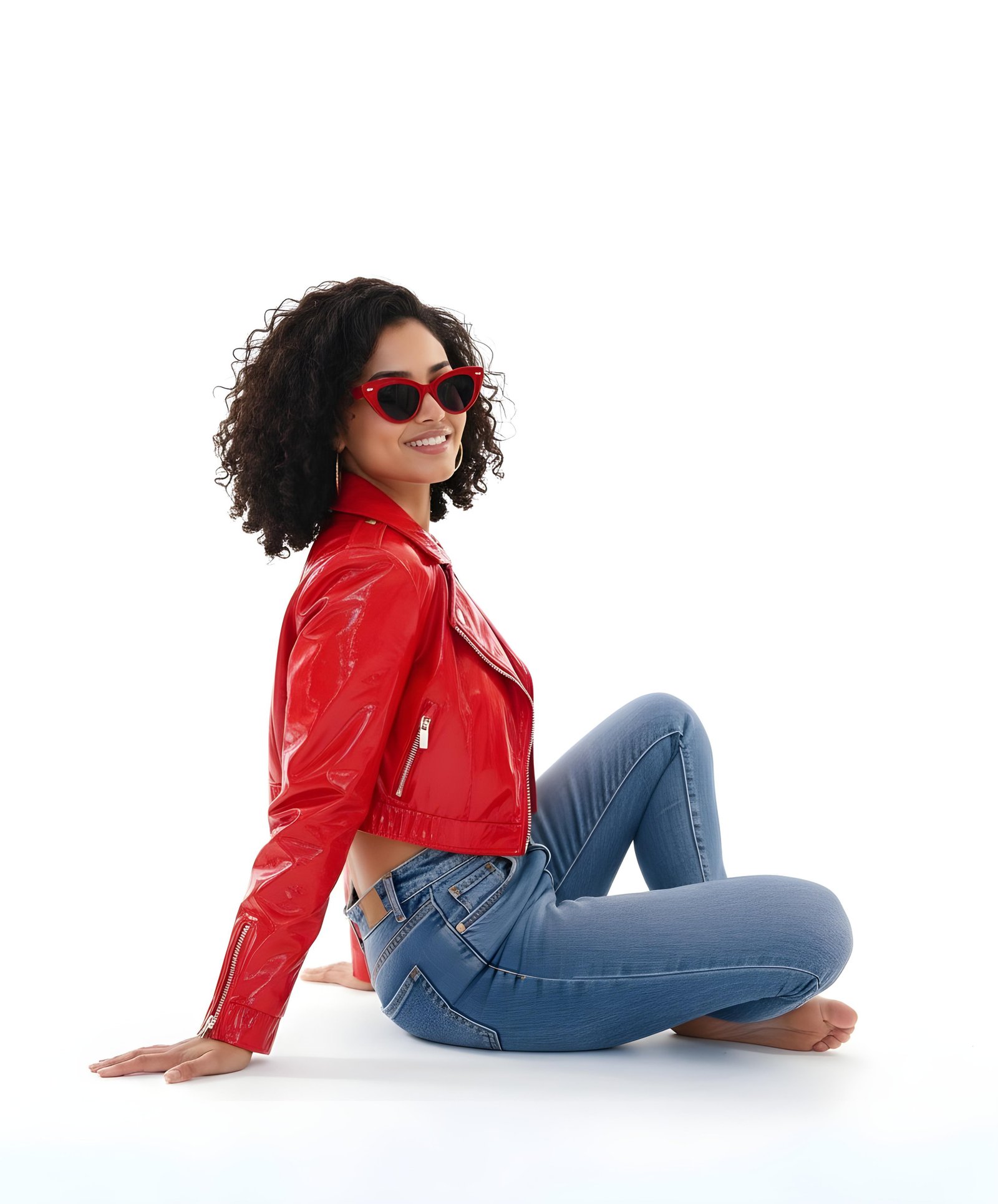 Stylish Woman Wearing Fashionable Leather Jacket and Sunglasses Isolated on White Background