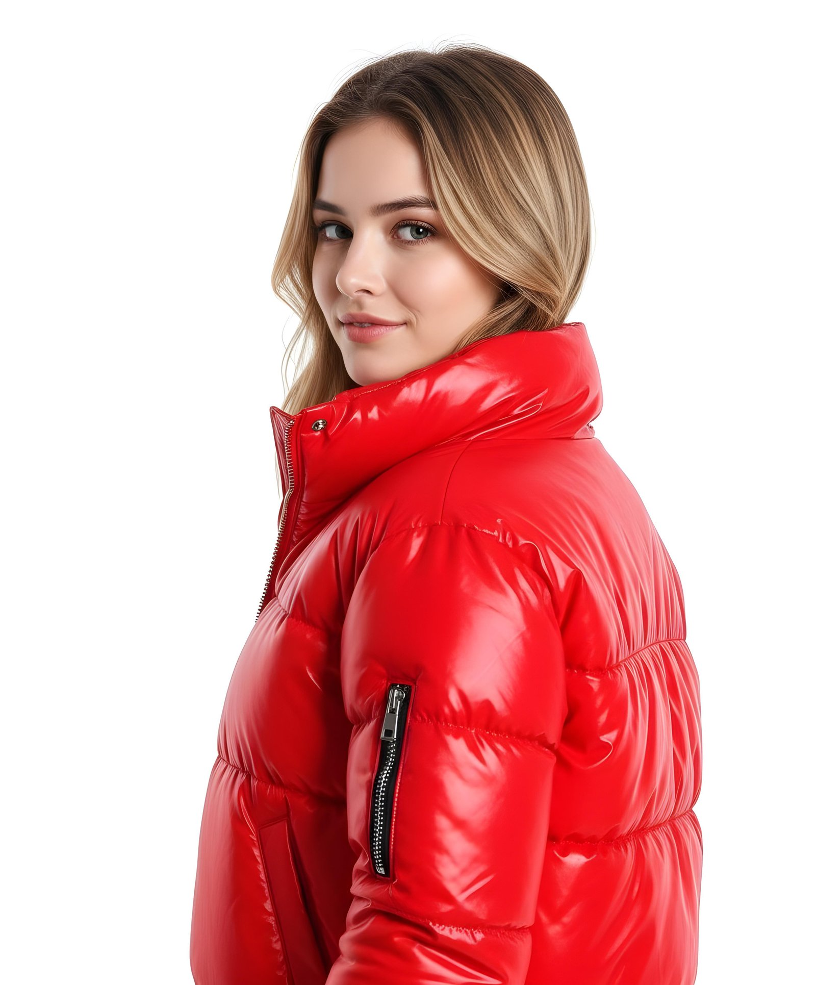 Stylish Woman Wearing Fashionable Leather Jacket and Sunglasses Isolated on White Background